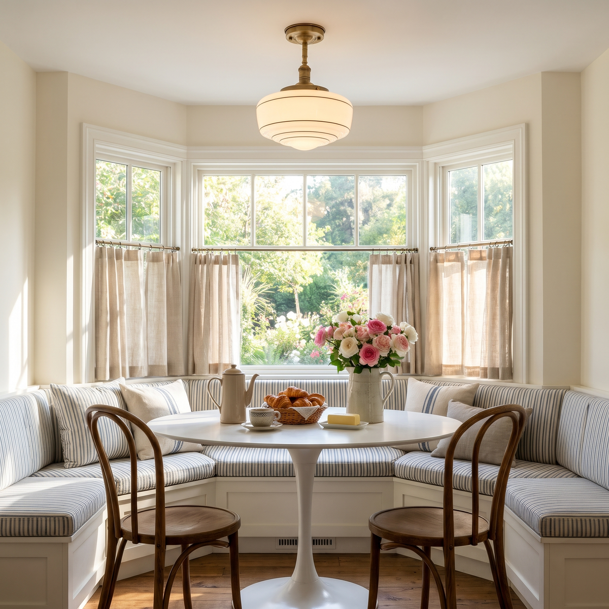 Schoolhouse semi-flush ceiling light above a round table in a sunny breakfast nook