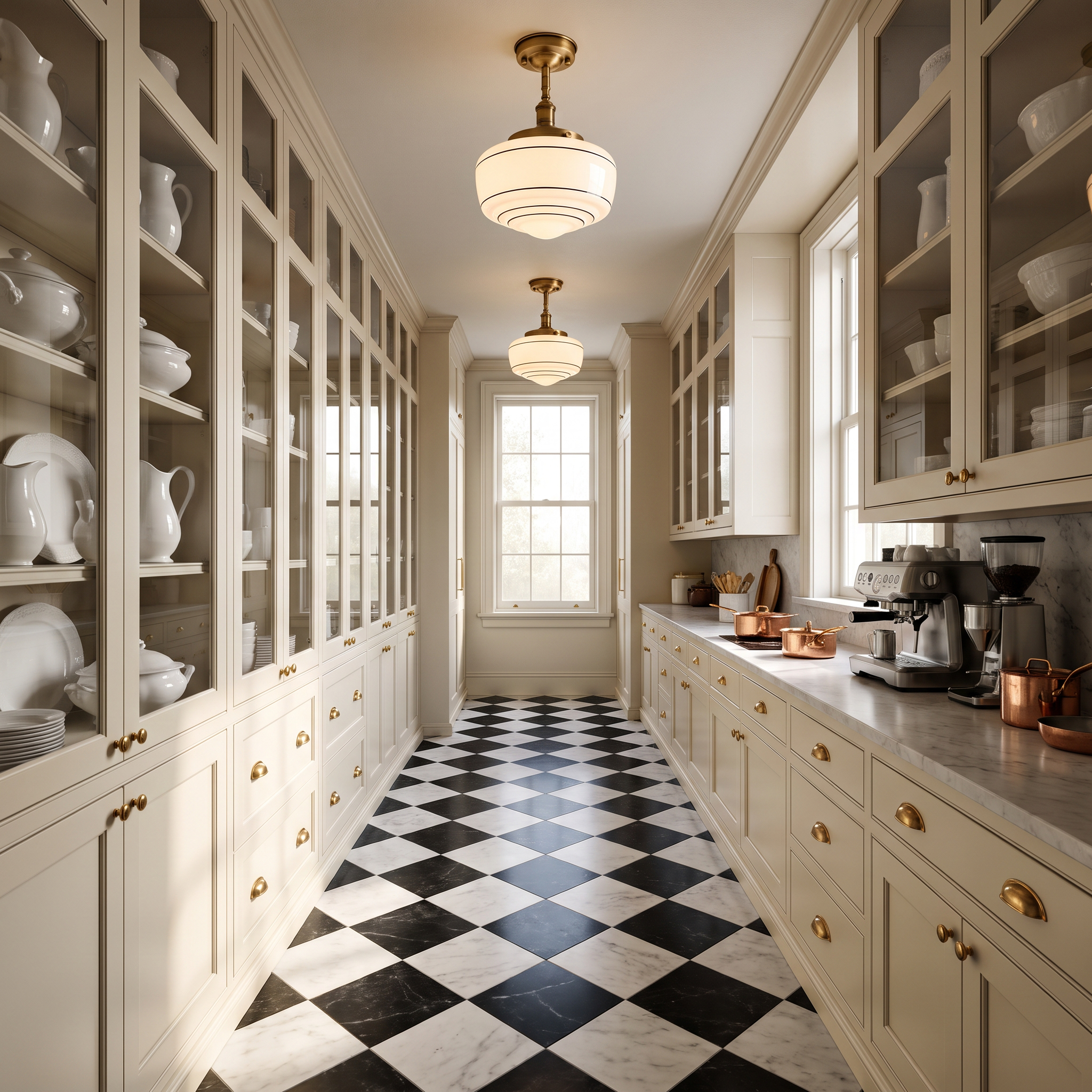 Set of 2 schoolhouse semi-flush ceiling lights running down a cream butler's pantry