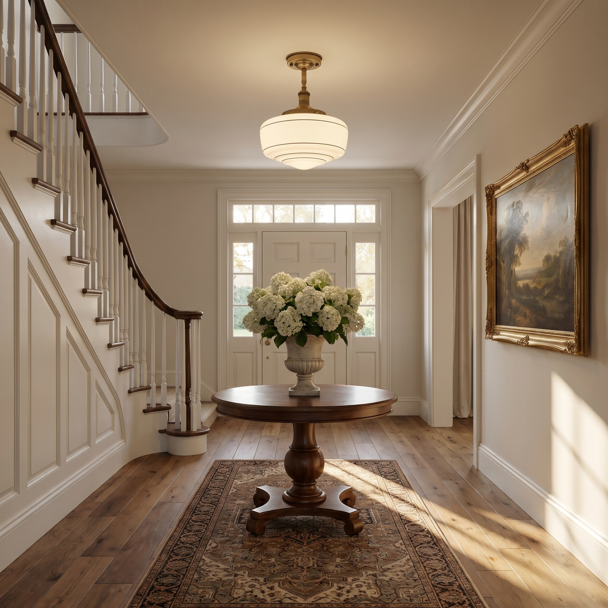 Schoolhouse semi-flush ceiling light above a walnut pedestal table in a traditional entry foyer