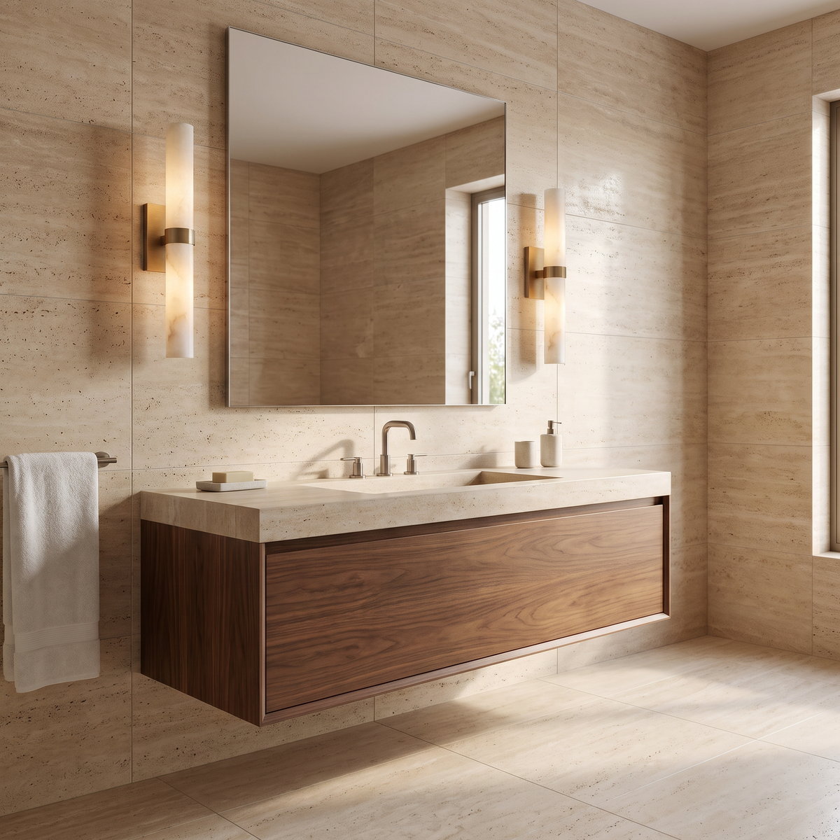 Pair of alabaster tube sconces in tumbled brass flanking a mirror in a travertine bathroom