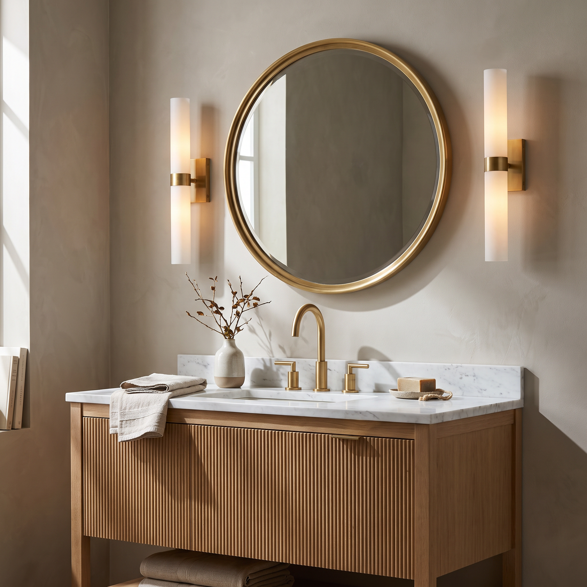 Pair of frosted glass tube sconces in tumbled brass flanking a round mirror in a powder room