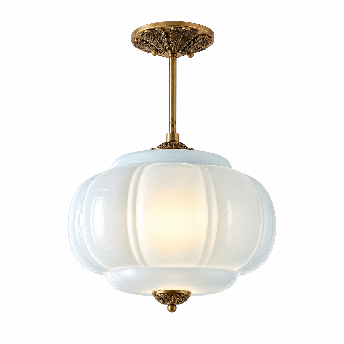 Zucca Lucente semi-flush pendant with blue fluted glass and antique brass