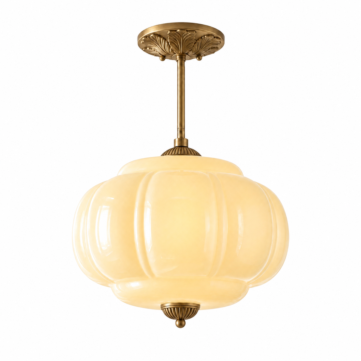 Zucca Lucente semi-flush pendant with yellow fluted glass and antique brass