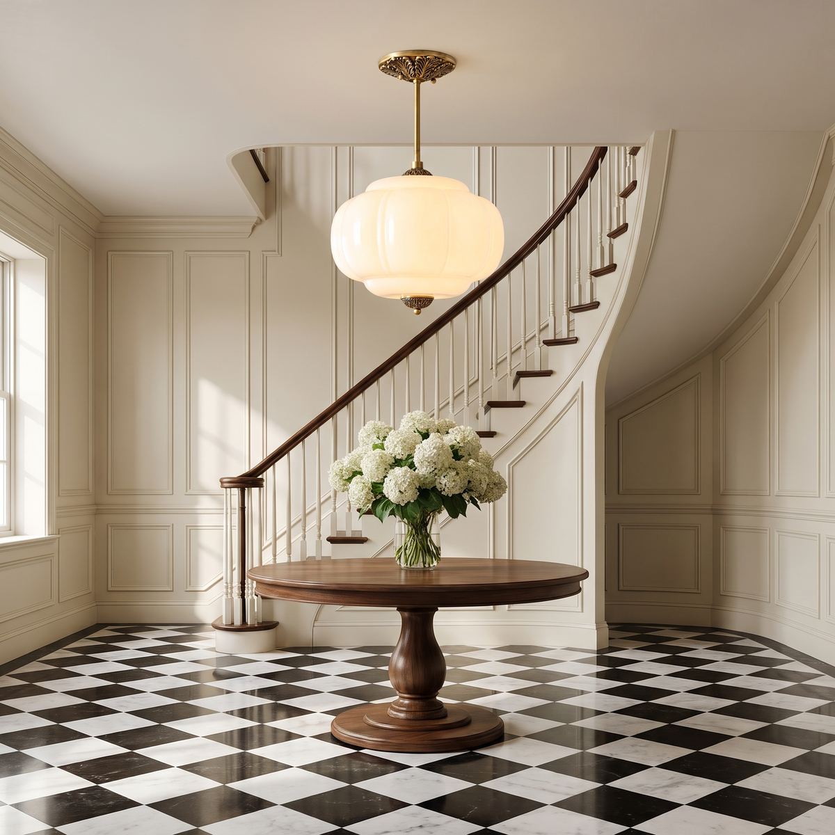 White opal fluted glass semi-flush pendant above a round table in a checkerboard foyer