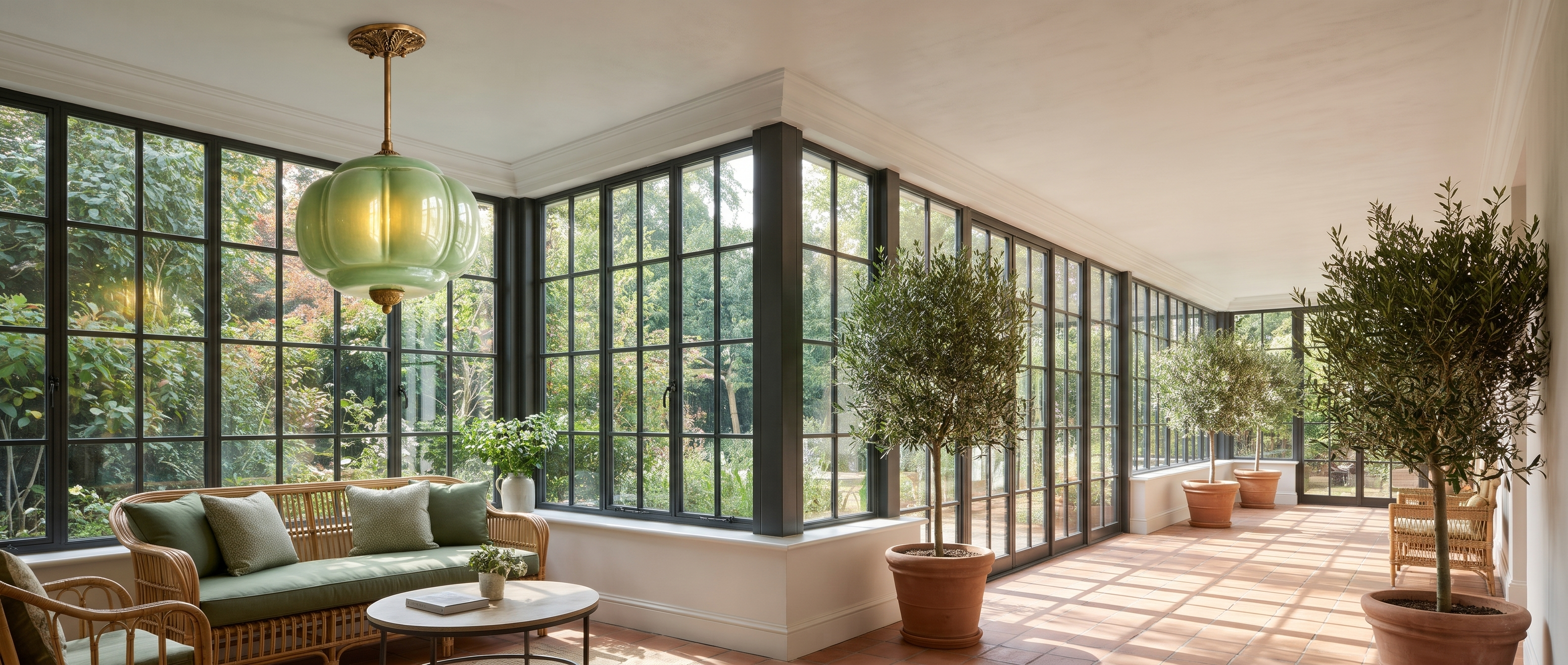 Green fluted glass semi-flush pendant glowing in a garden sunroom