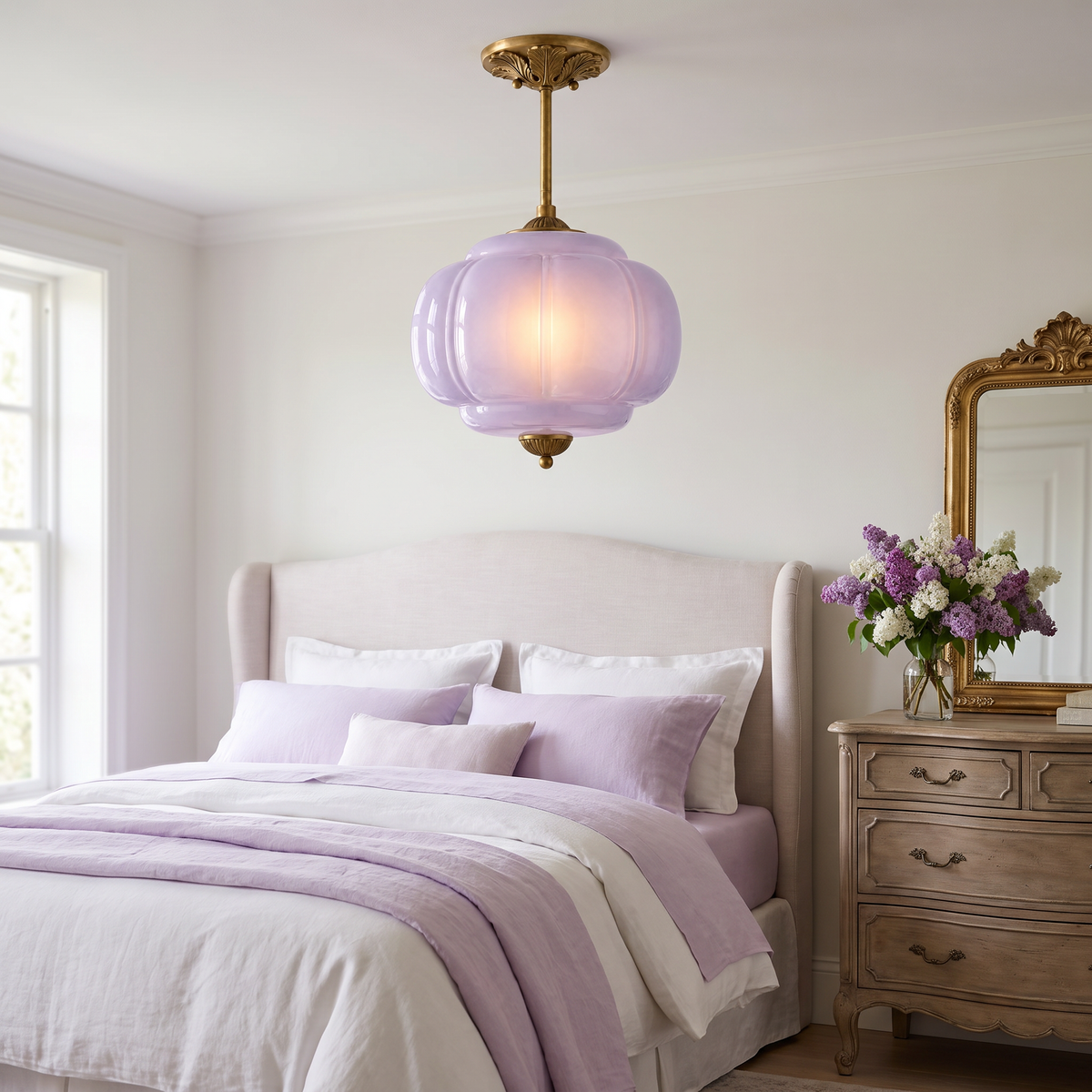 Lavender fluted glass semi-flush pendant in a soft pastel guest bedroom