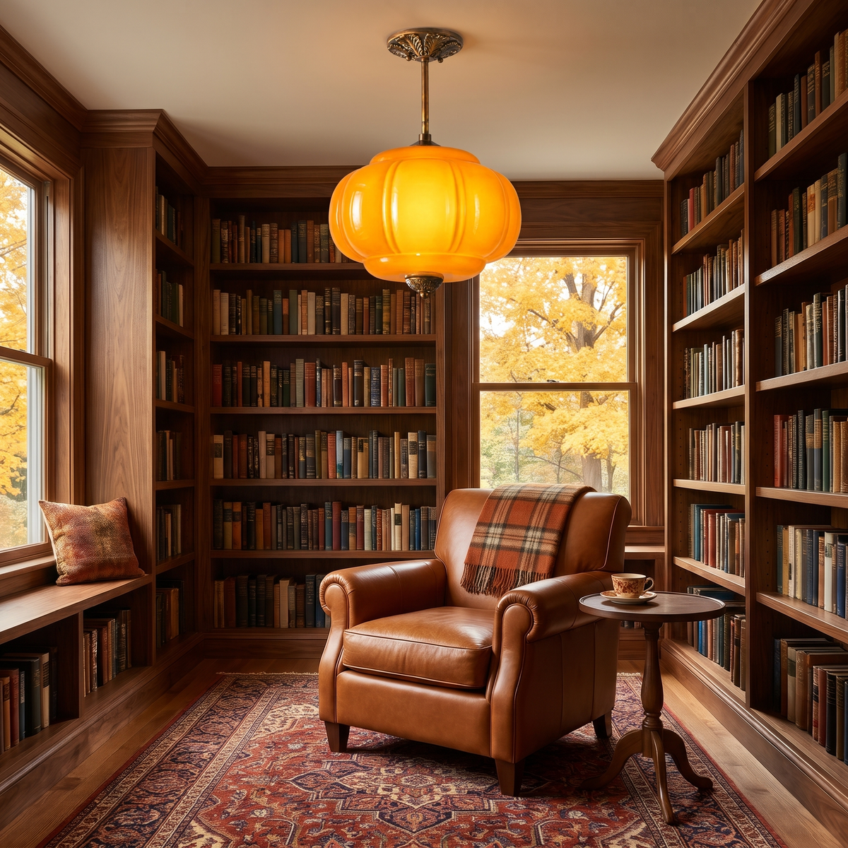 Orange fluted glass semi-flush pendant glowing in a walnut-paneled reading room