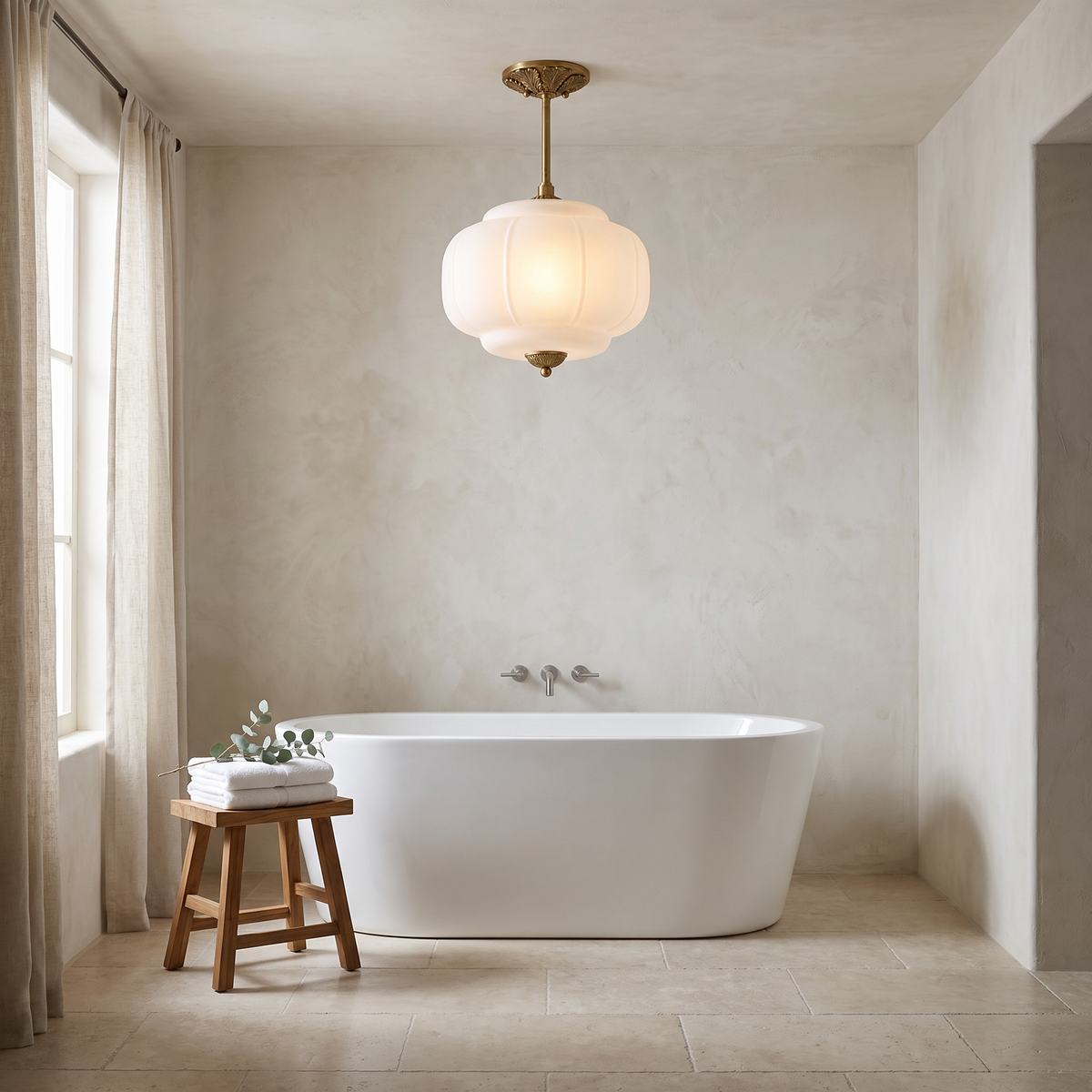Frosted white fluted glass semi-flush pendant above a freestanding tub in a spa bathroom