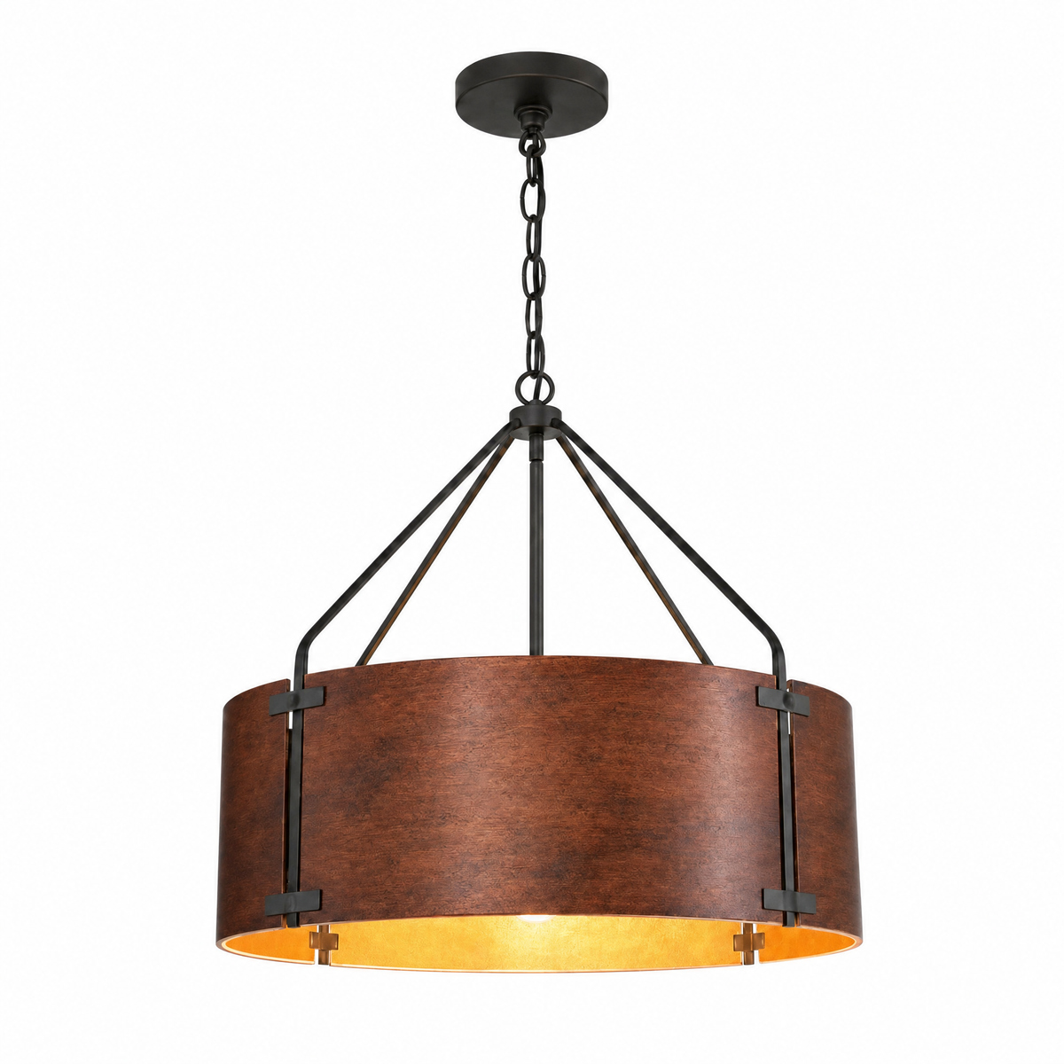 Tamburo bronze drum chandelier, large 22 in, lit, on white