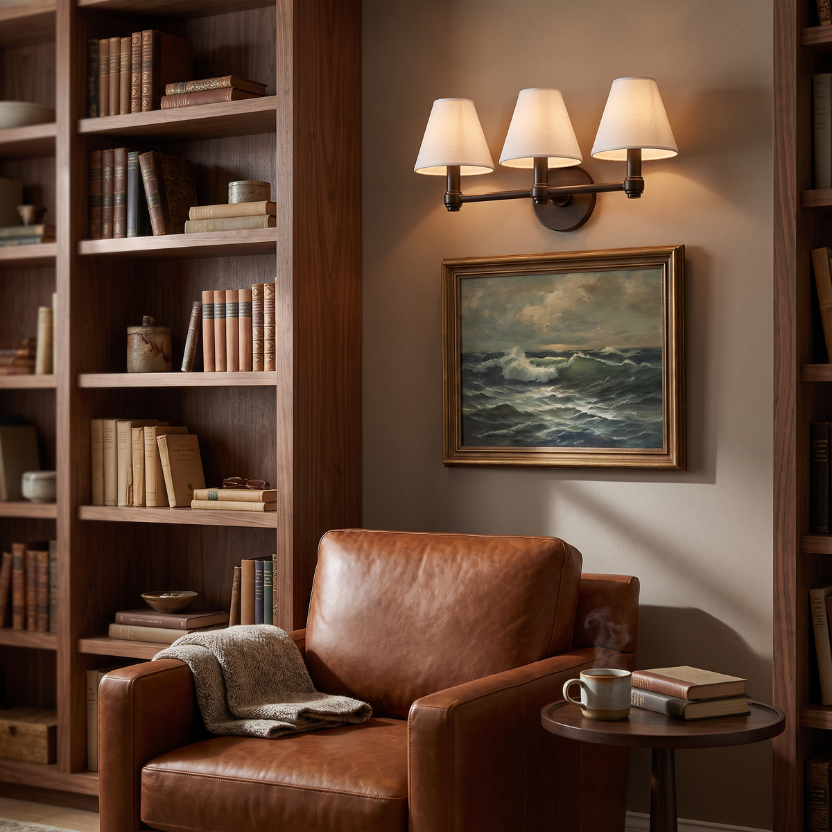 Terzetto bronze wall sconce with linen shades lighting a seascape painting in a library reading nook