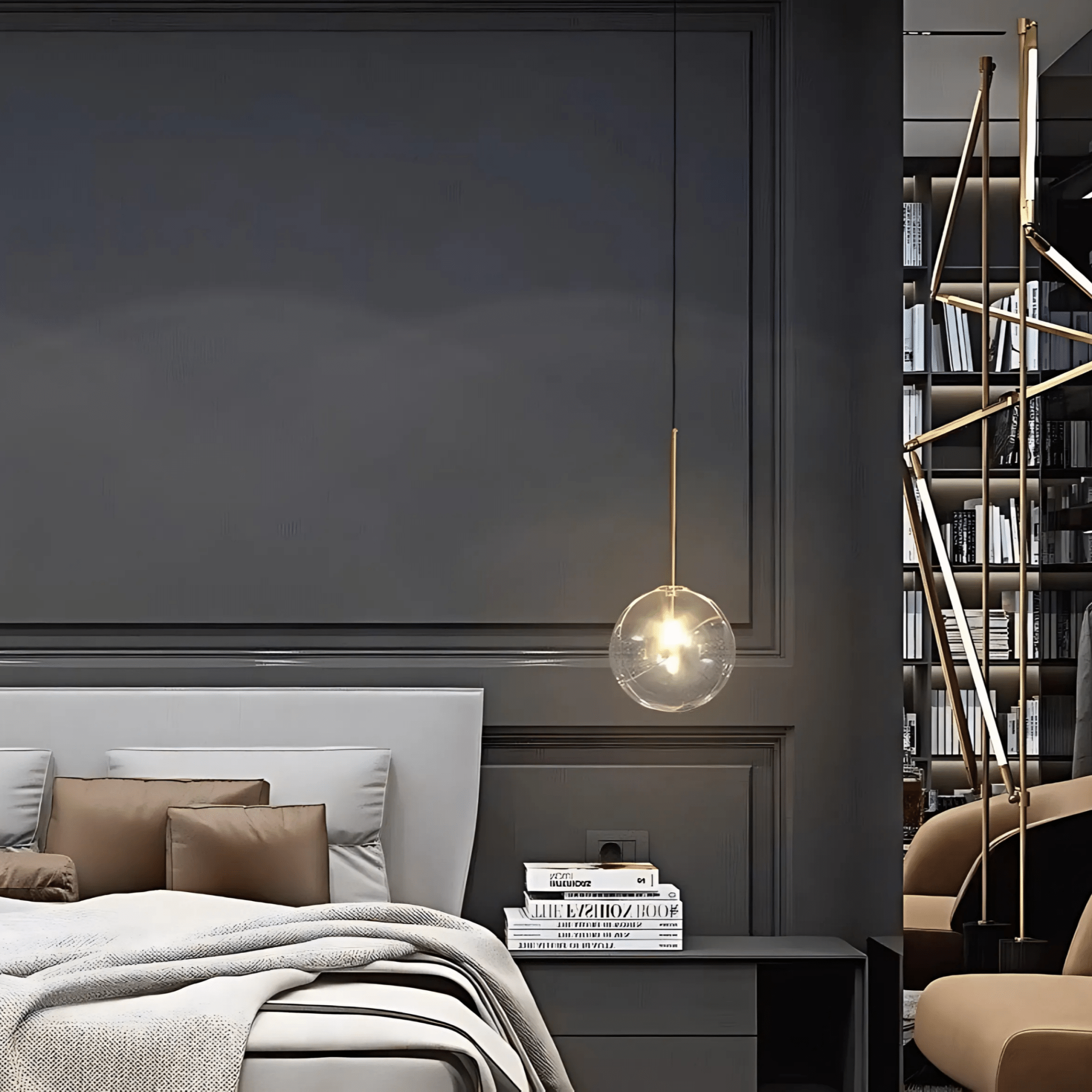 A brass Goccia clear glass ball pendant beside a bed in a moody bedroom