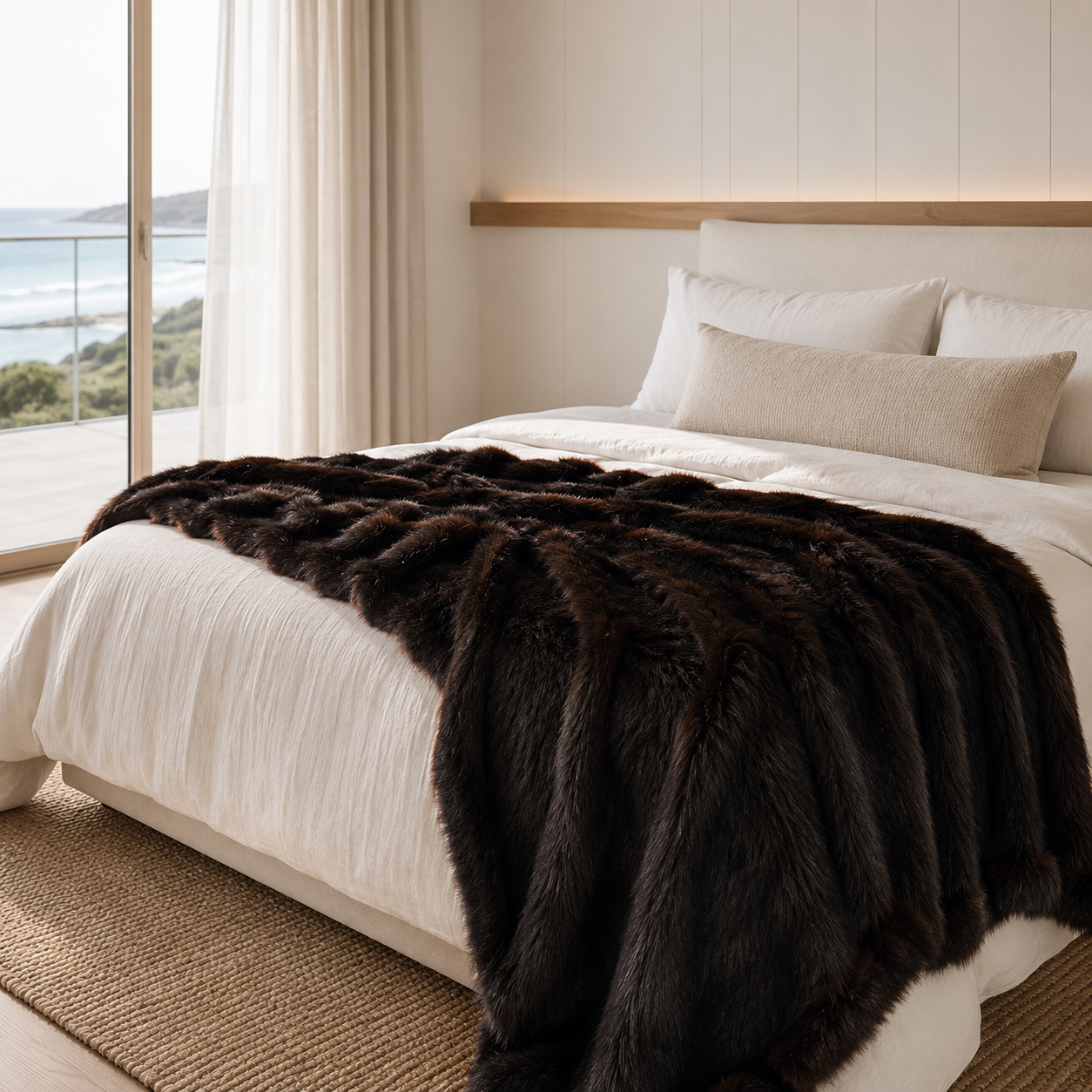 Chocolate Carezza Sontuosa faux fur throw on a bed in a bright coastal bedroom