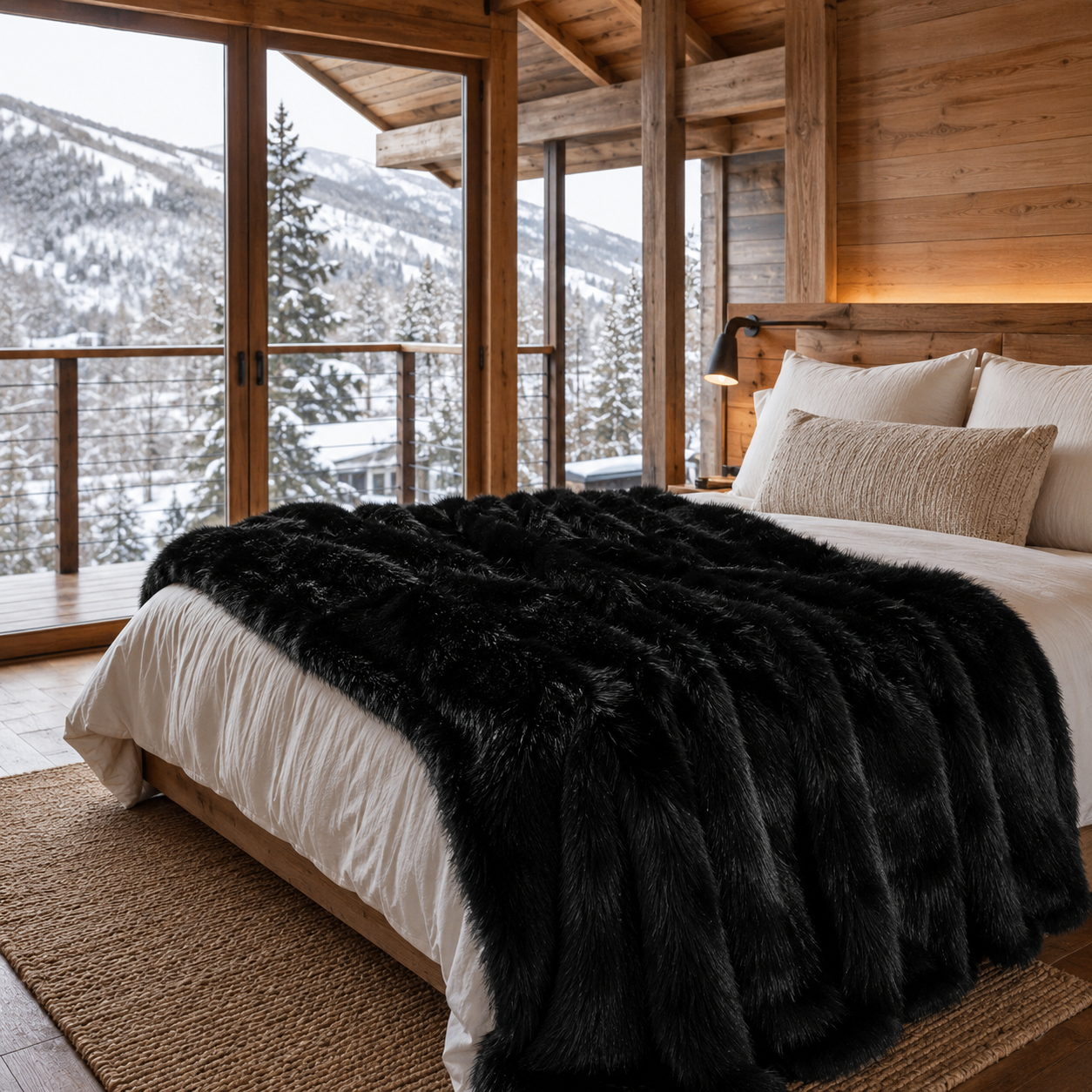 Black Carezza Sontuosa faux fur throw on a bed in an alpine chalet bedroom