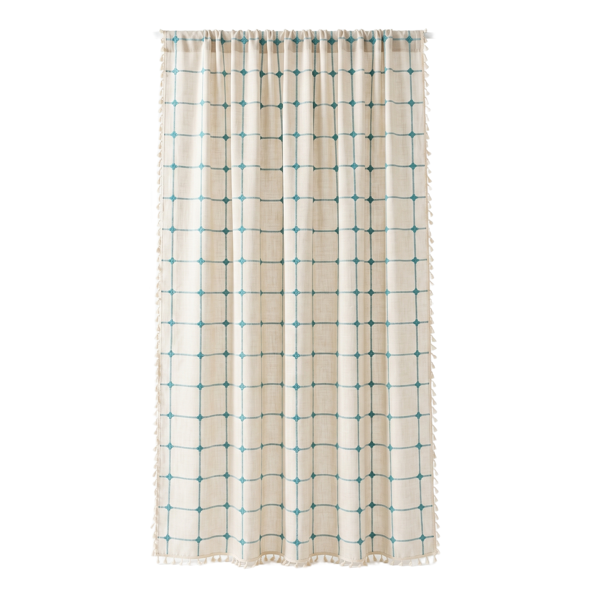Laguna Geometric Tassel Curtain panel in turquoise lattice on pure white background