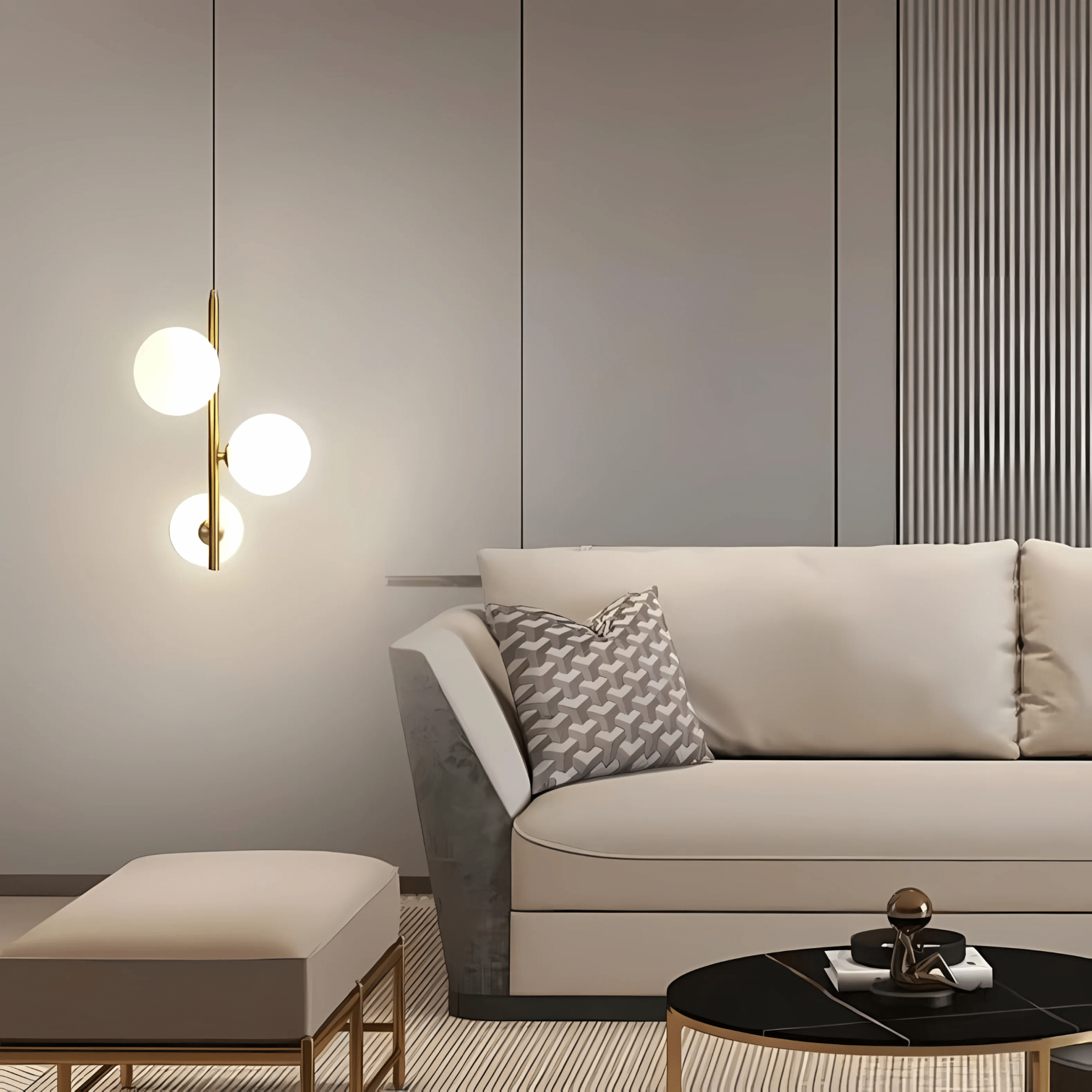 Brass Perla Opal Globe Pendant glowing over a living-room sofa