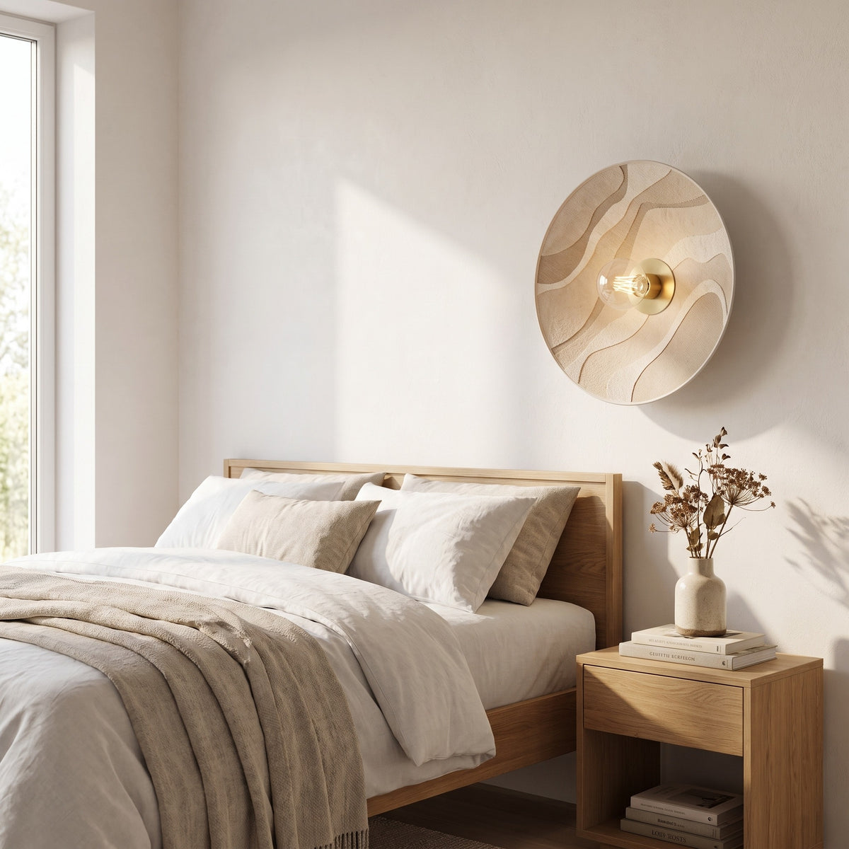Luna Tessuta textile disc wall sconce in Sand Waves above a nightstand in a bright bedroom