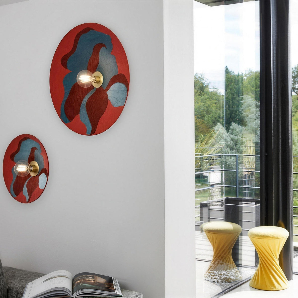 Luna Tessuta wall sconces in Bordeaux Bloom beside a garden window