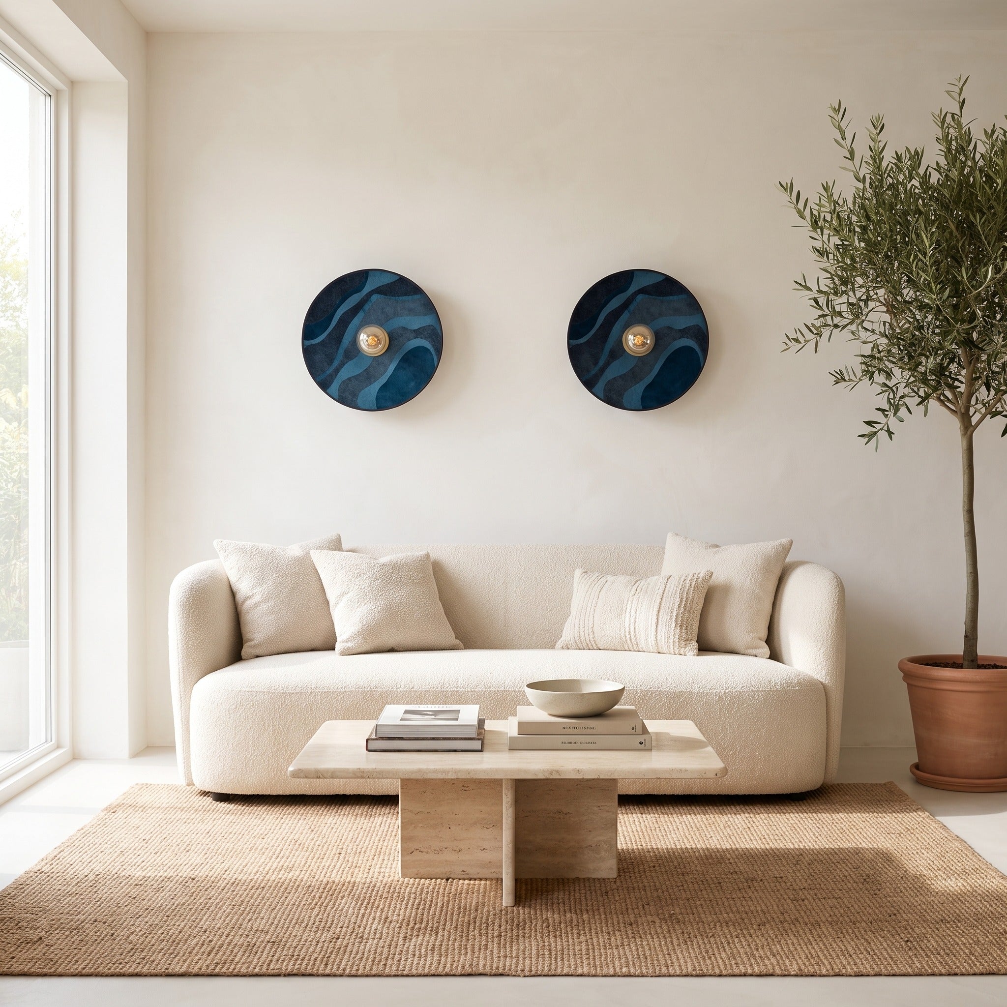 Pair of Luna Tessuta wall sconces in Midnight Blue Waves above a boucle sofa