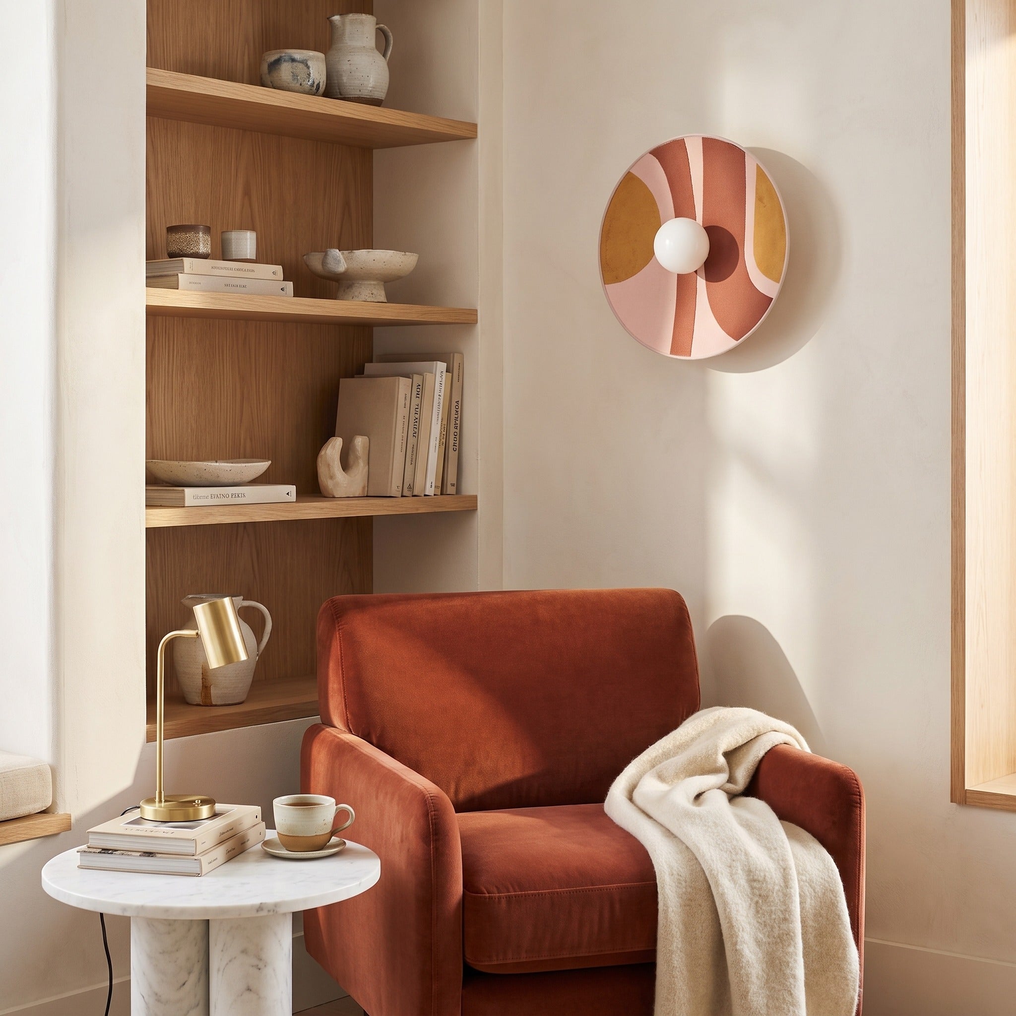 Luna Tessuta wall sconce in Rose Stripe above a rust velvet chair in a reading nook