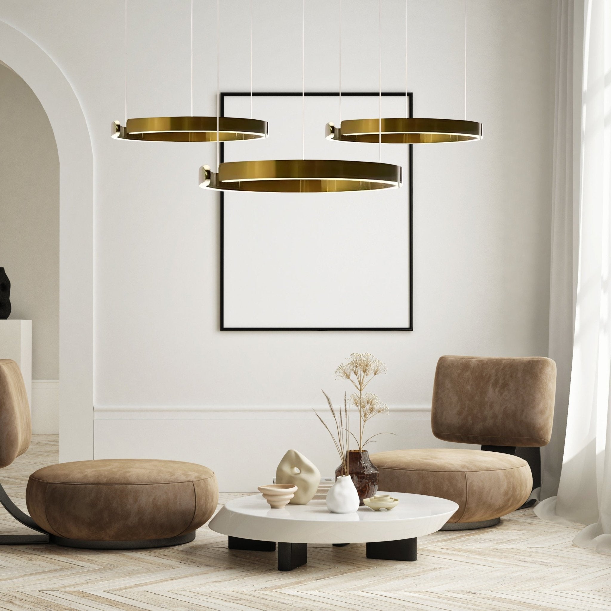 Gold Orbita LED Ring Chandelier in a modern living room