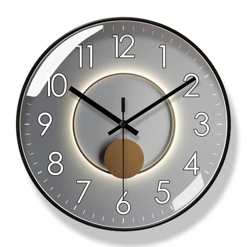 Nordic wall clock, black frame with grey dial and gold ring