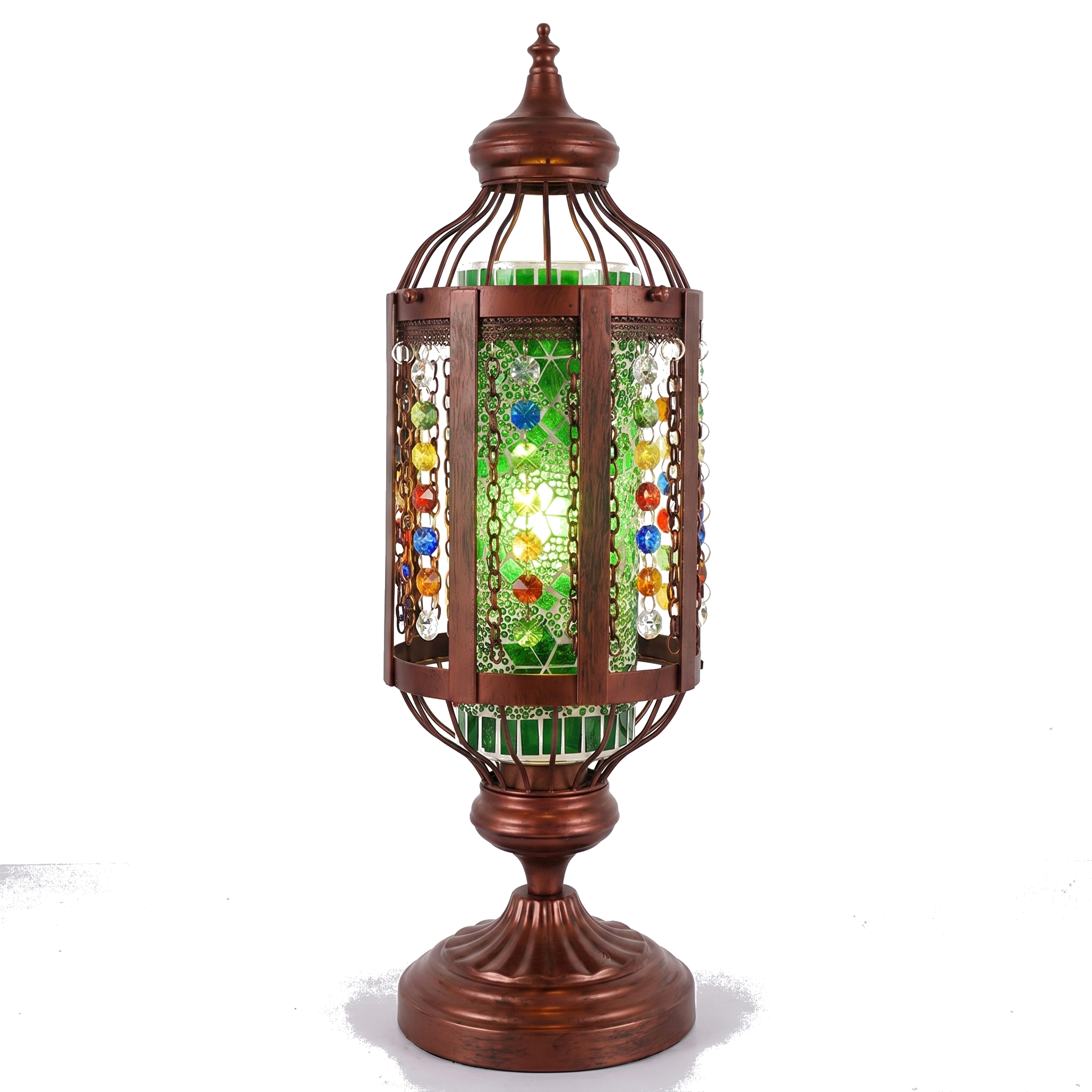 Mosaico stained glass lantern table lamp glowing green, on pure white