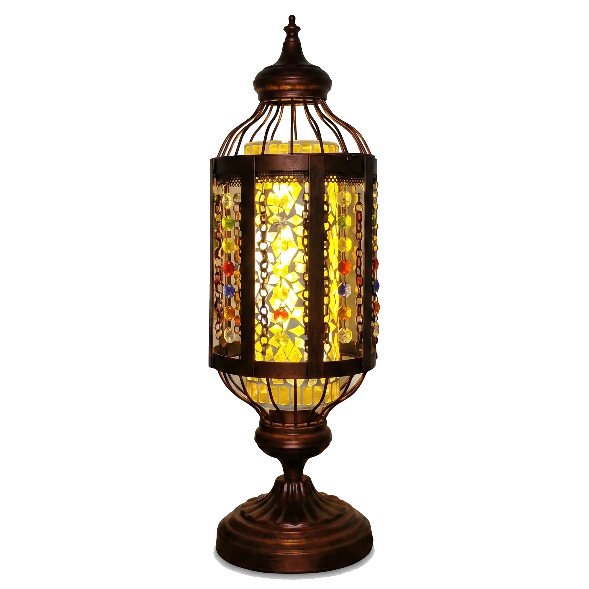 Mosaico stained glass lantern table lamp glowing yellow, on pure white