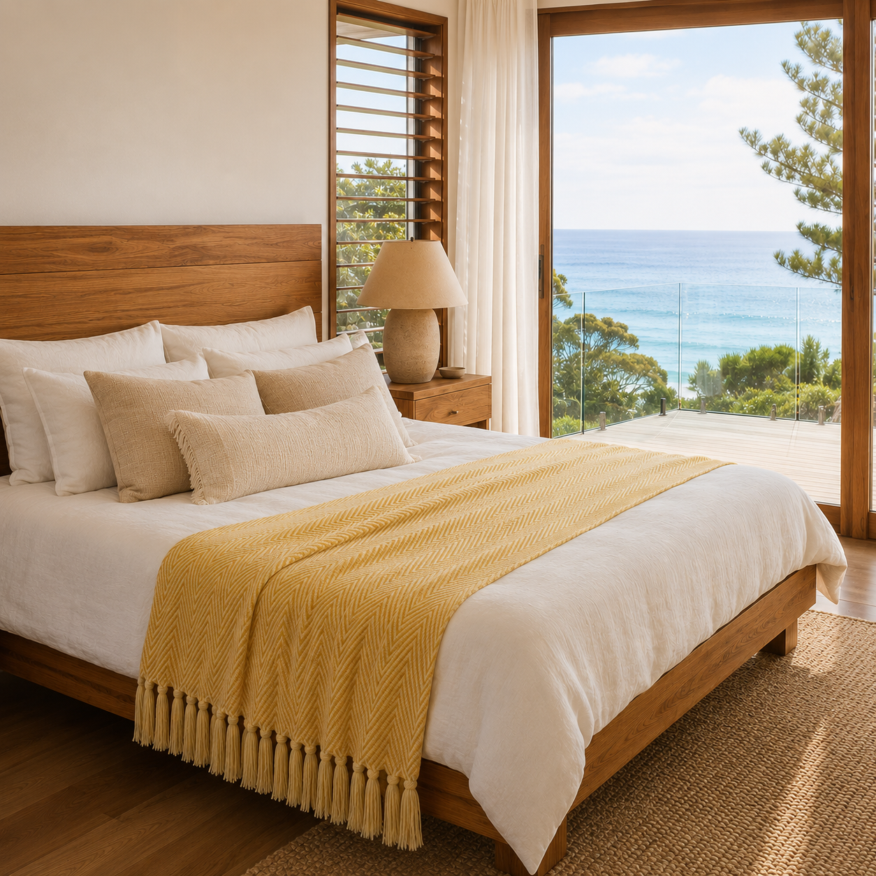 Mustard yellow Brezza Marina woven throw across a bed in a bright coastal bedroom