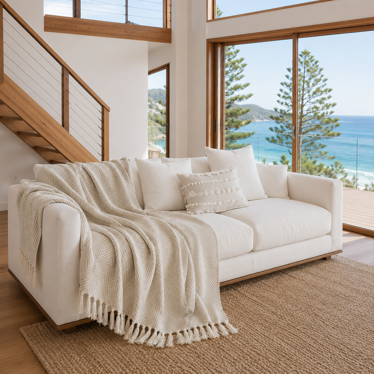 Beige Brezza Marina woven throw draped over a white sofa in a bright coastal living room