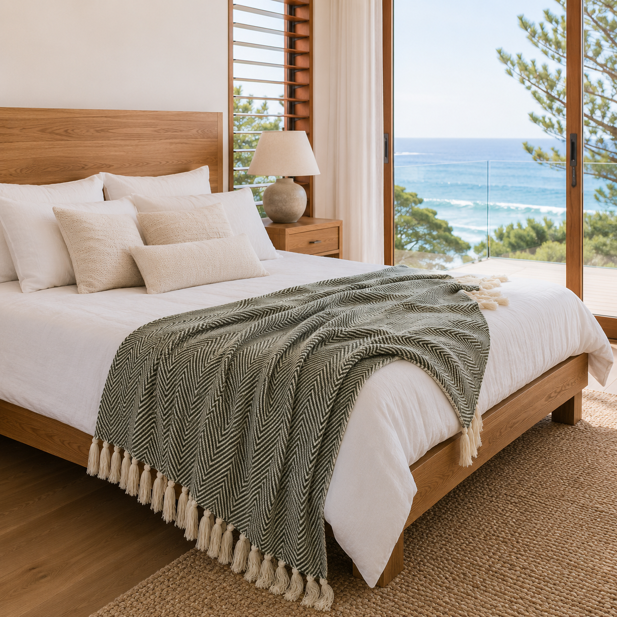 Sage green Brezza Marina woven throw across a bed in a bright coastal bedroom