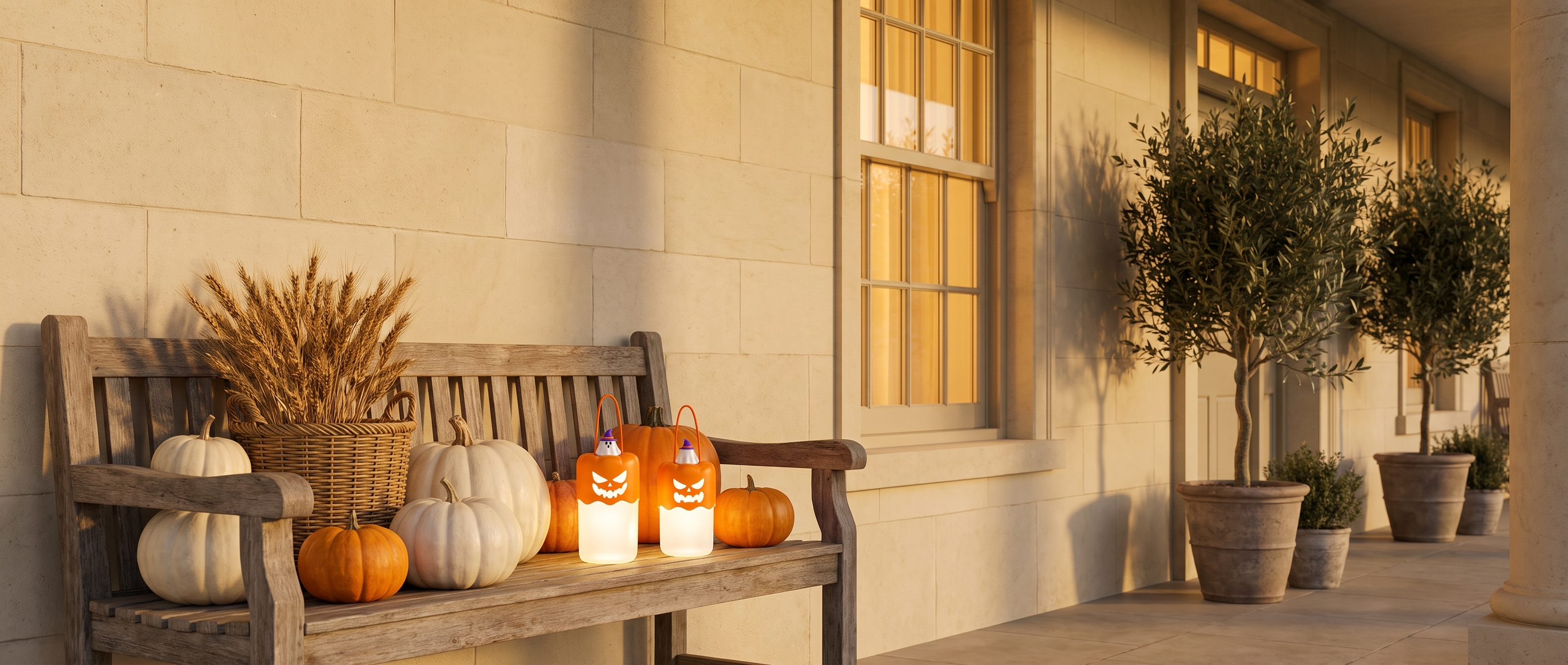 Pumpkin lanterns glowing on a porch bench at golden twilight
