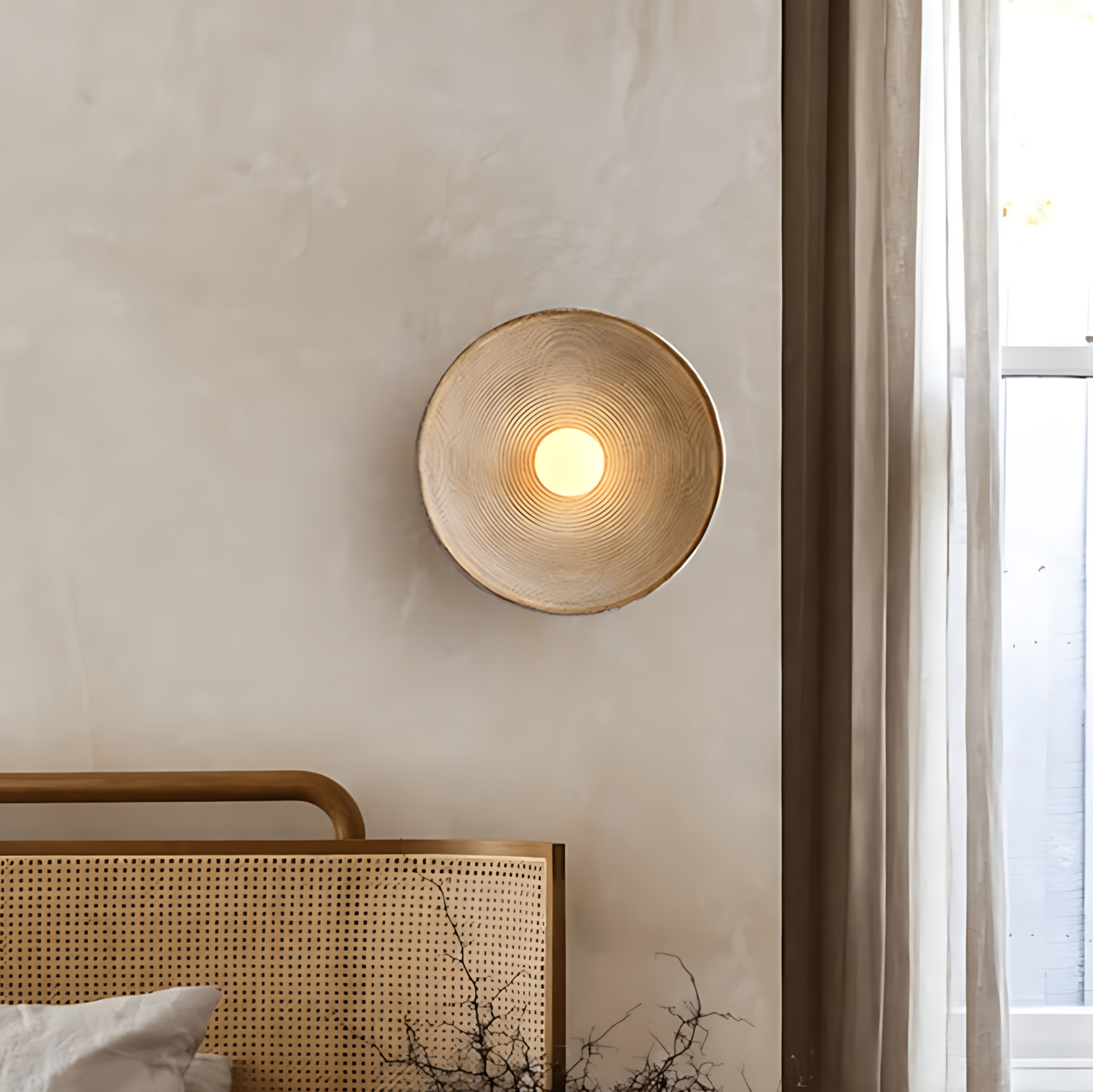 Aurelia Sculptural Wall Sconce beside a rattan headboard near a sunlit window