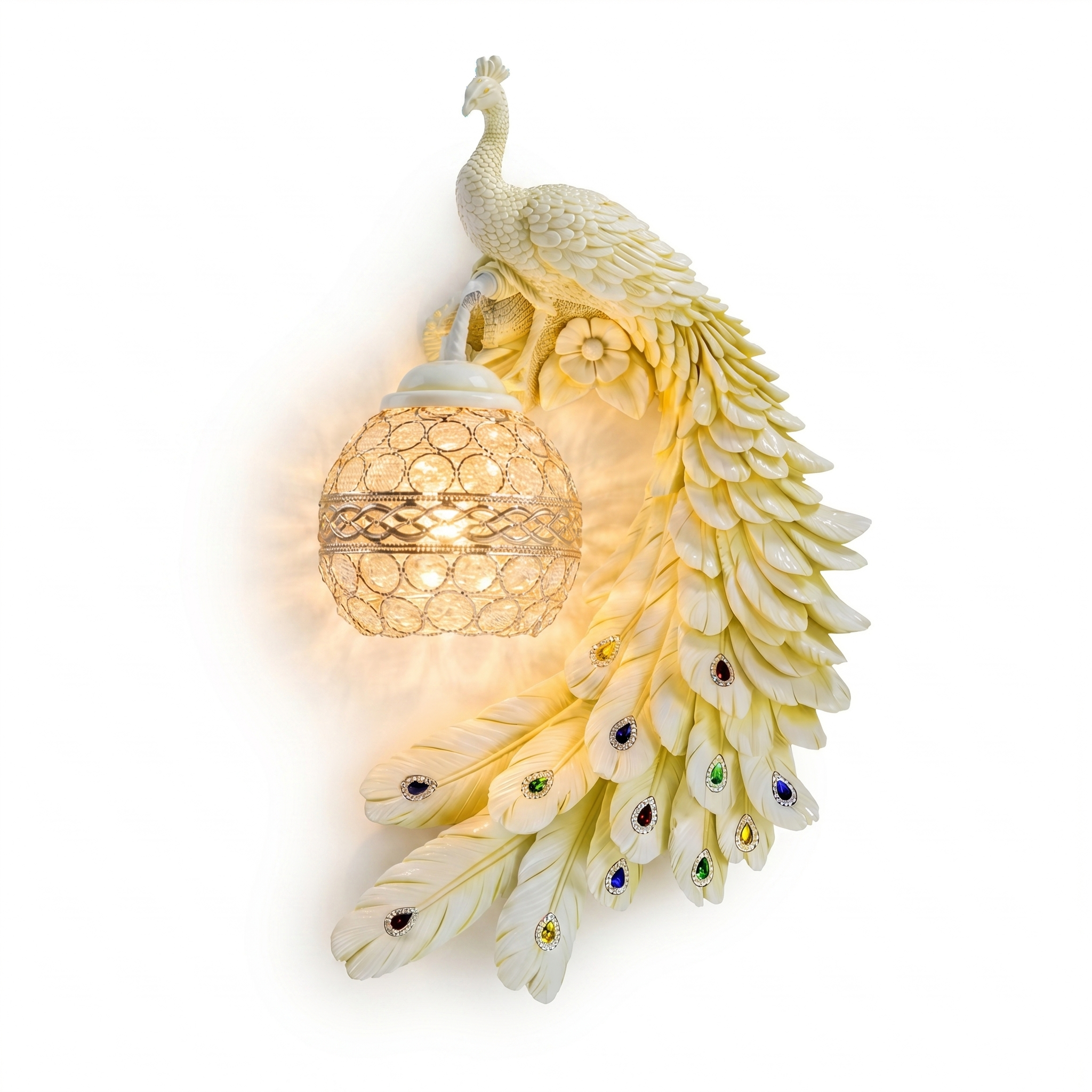 Pavone white peacock crystal wall sconce, left facing, crystal ball lit