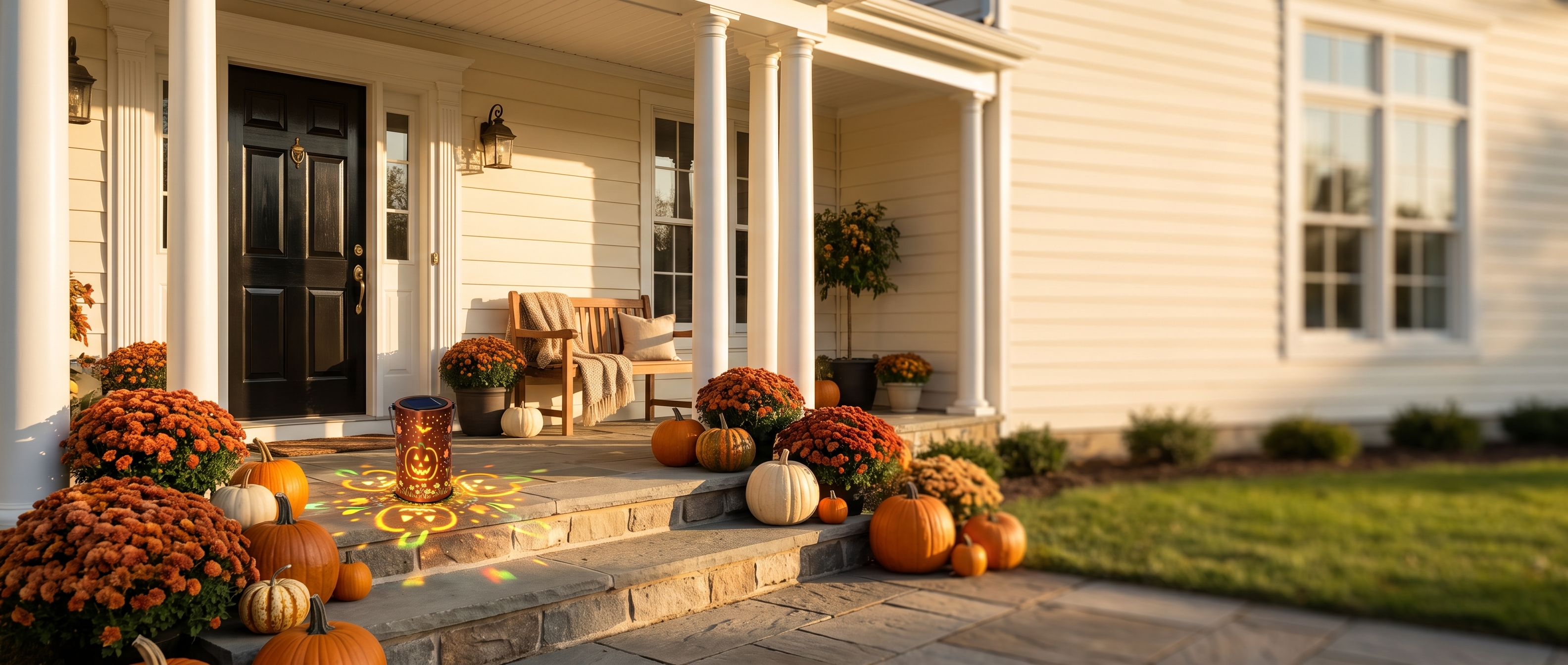 Rame Incantato copper solar pumpkin lantern glowing on colonial front steps at golden hour