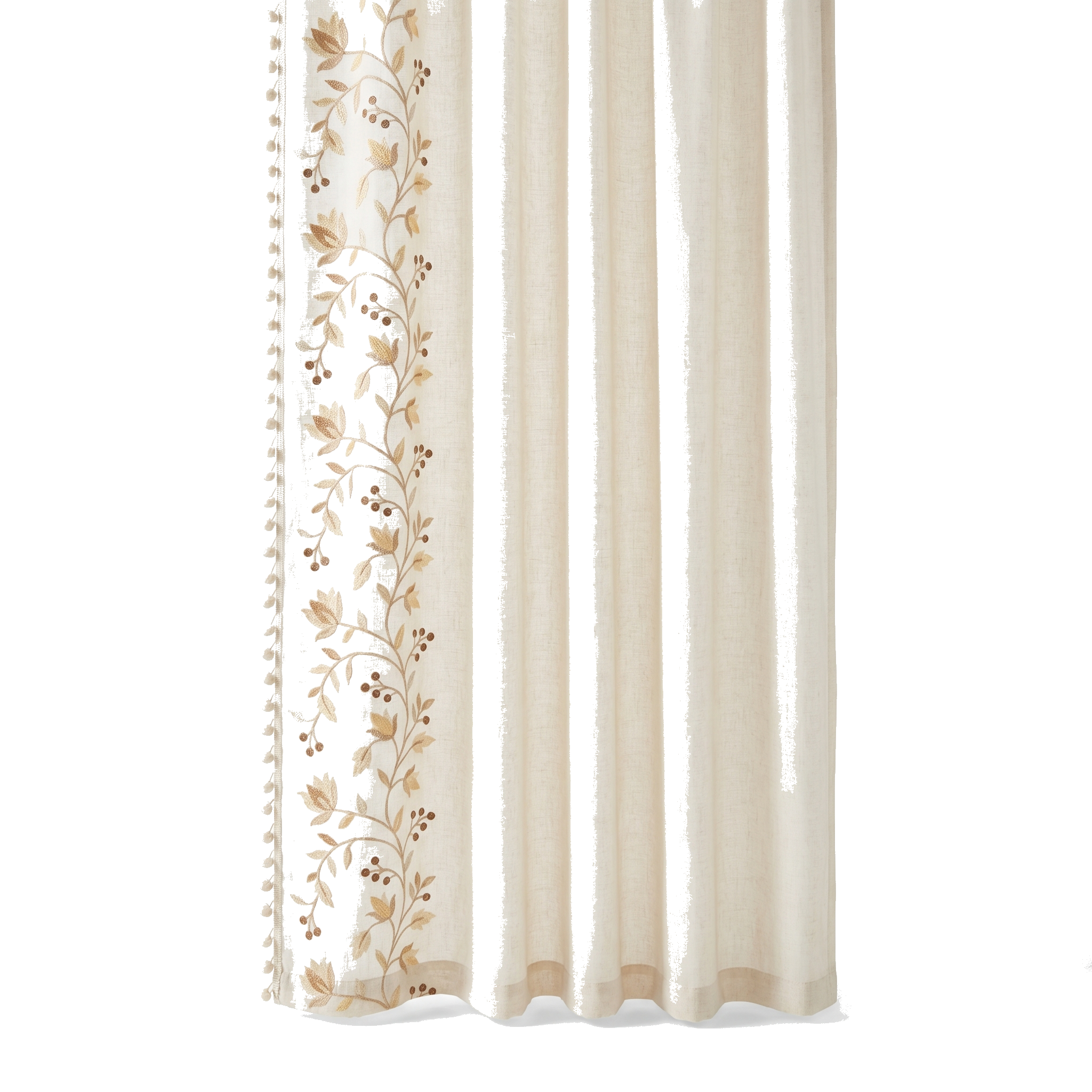 Serena Botanical Tassel Curtain panel in Meadow Beige on pure white background