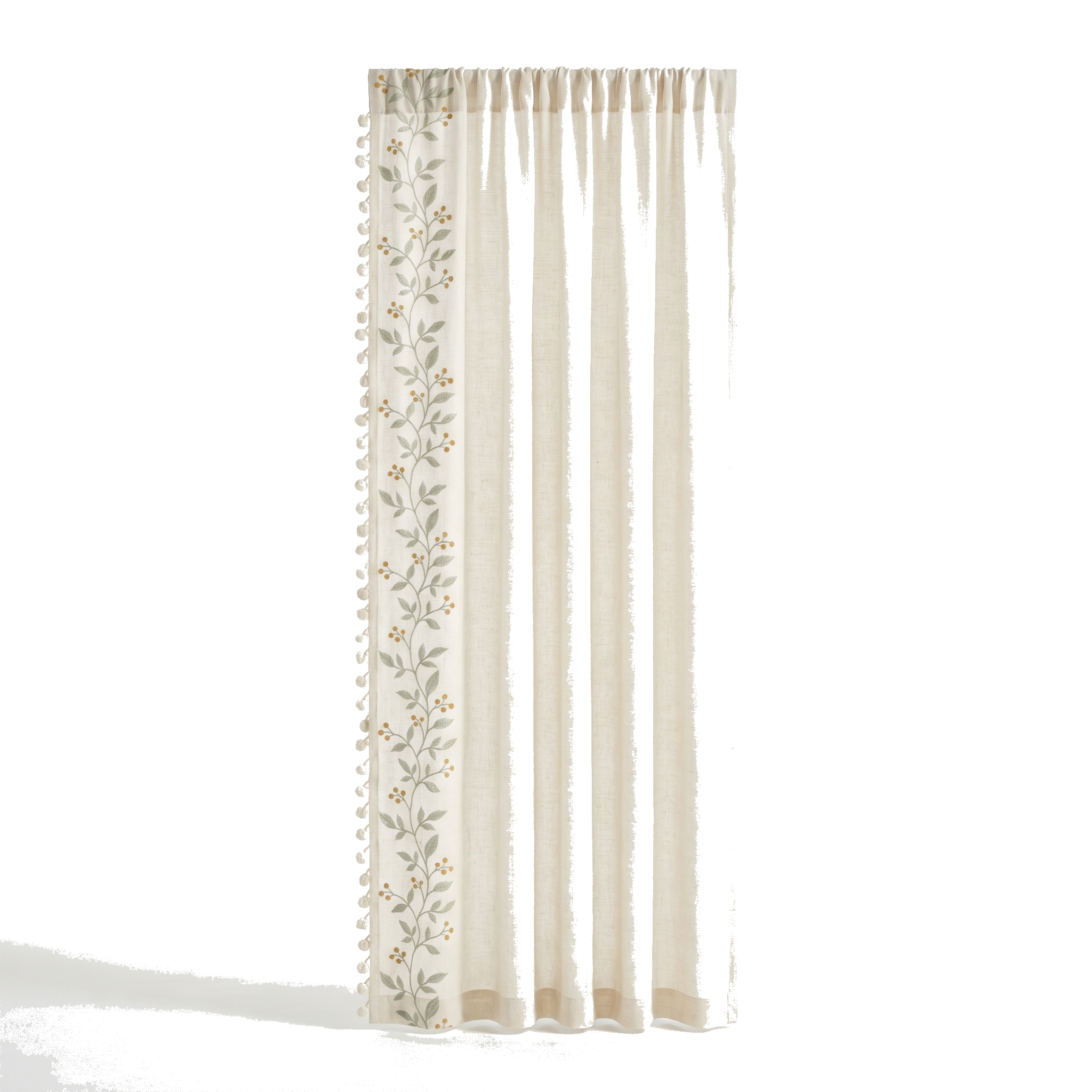 Serena Botanical Tassel Curtain panel in Leaf Olive on pure white background