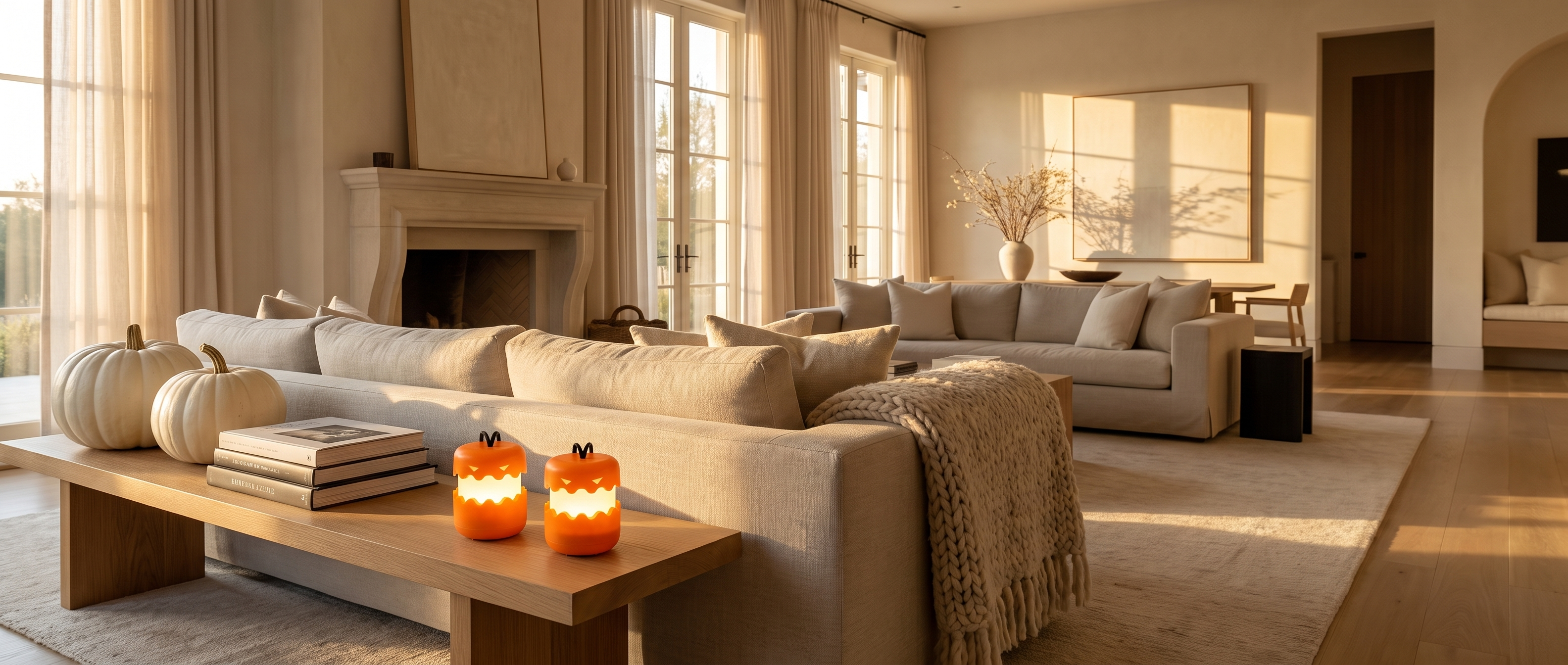 Two glowing pumpkin lanterns on an oak coffee table in a sunlit living room