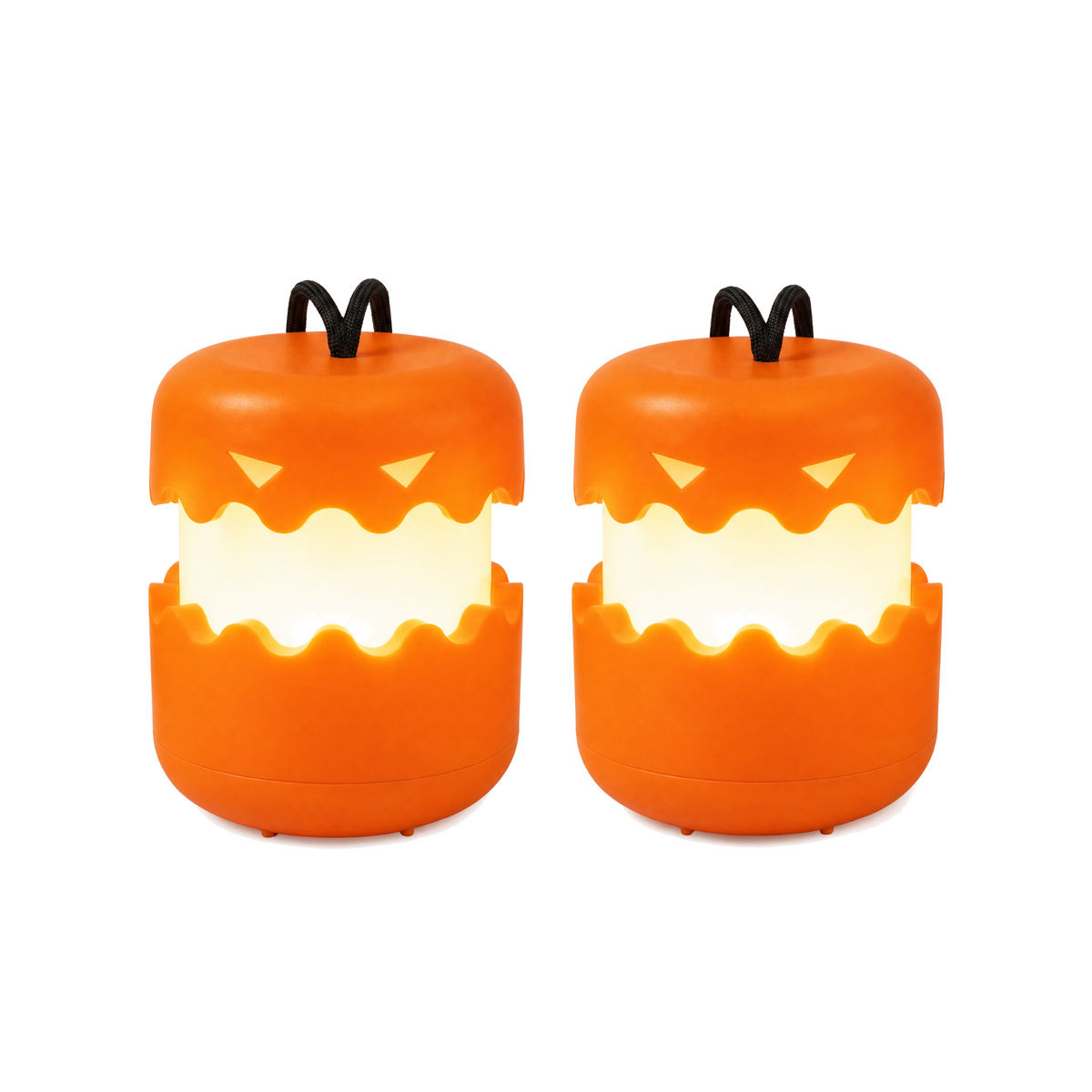 Sorriso Ambrato Collapsible Pumpkin Lanterns, set of two glowing orange jack o lanterns on white