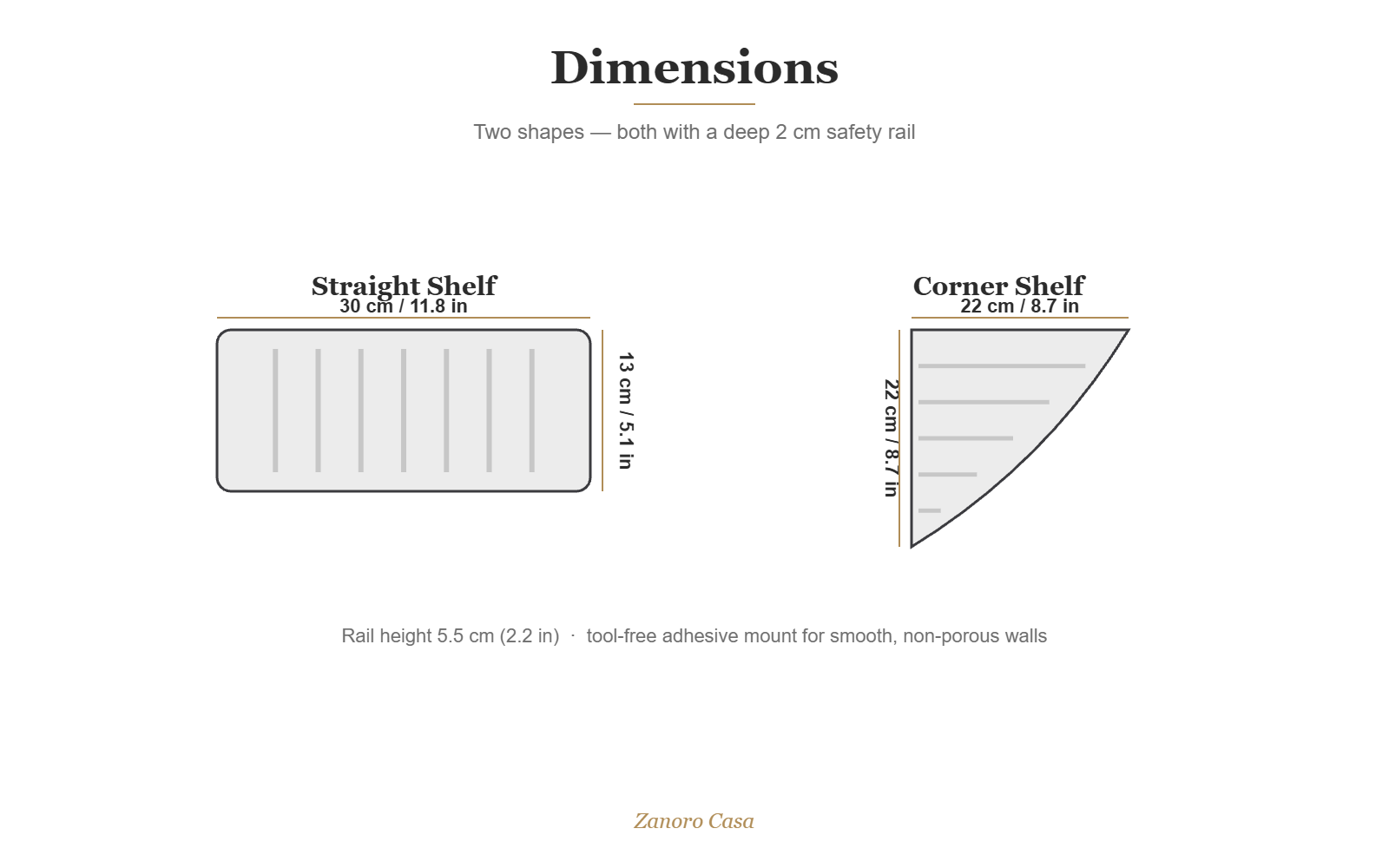 Sospesa Bathroom Shelf size guide: straight 30x13cm and corner 22x22cm, 5.5cm rail