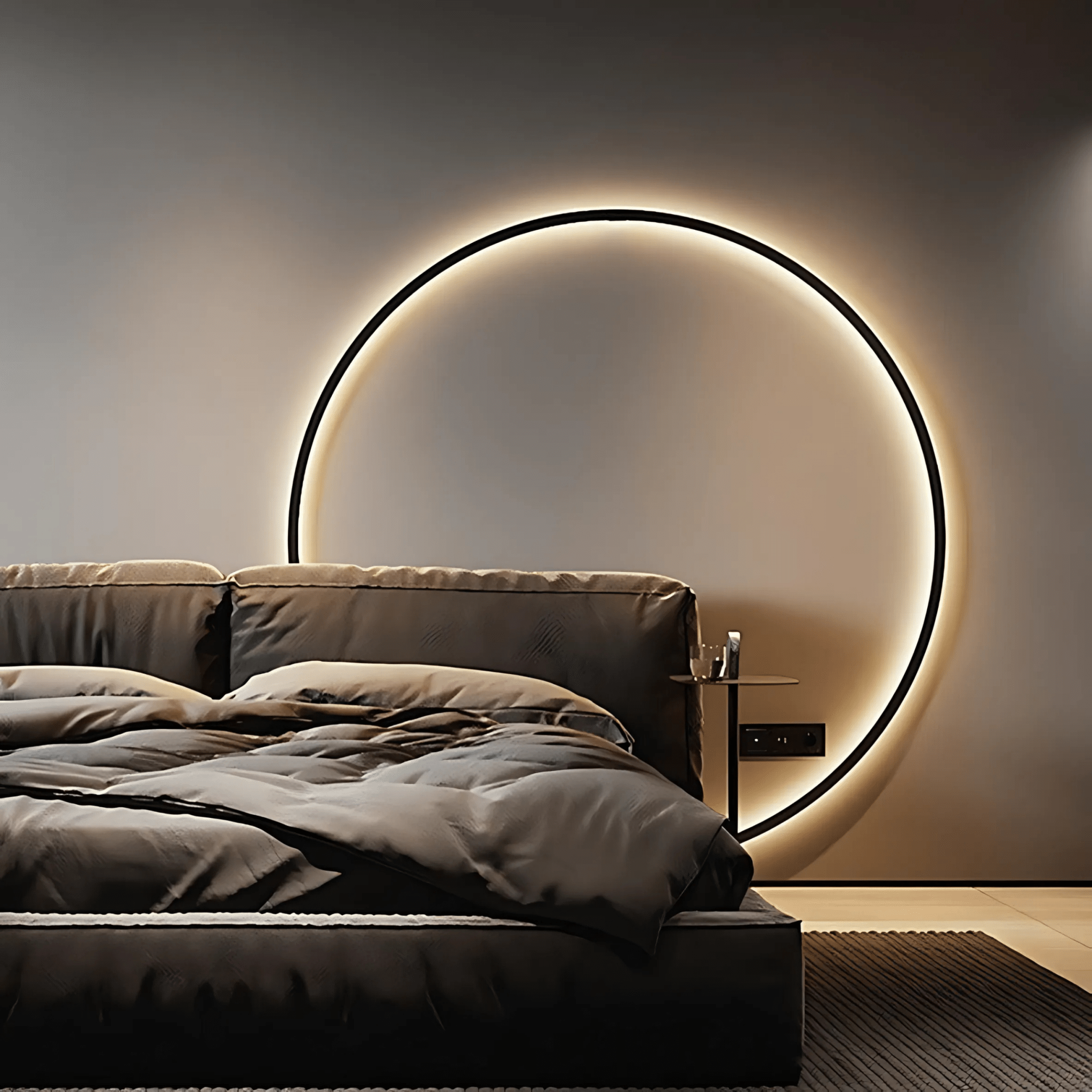 A large Eclisse Halo Ring Wall Light glowing warm behind a bed