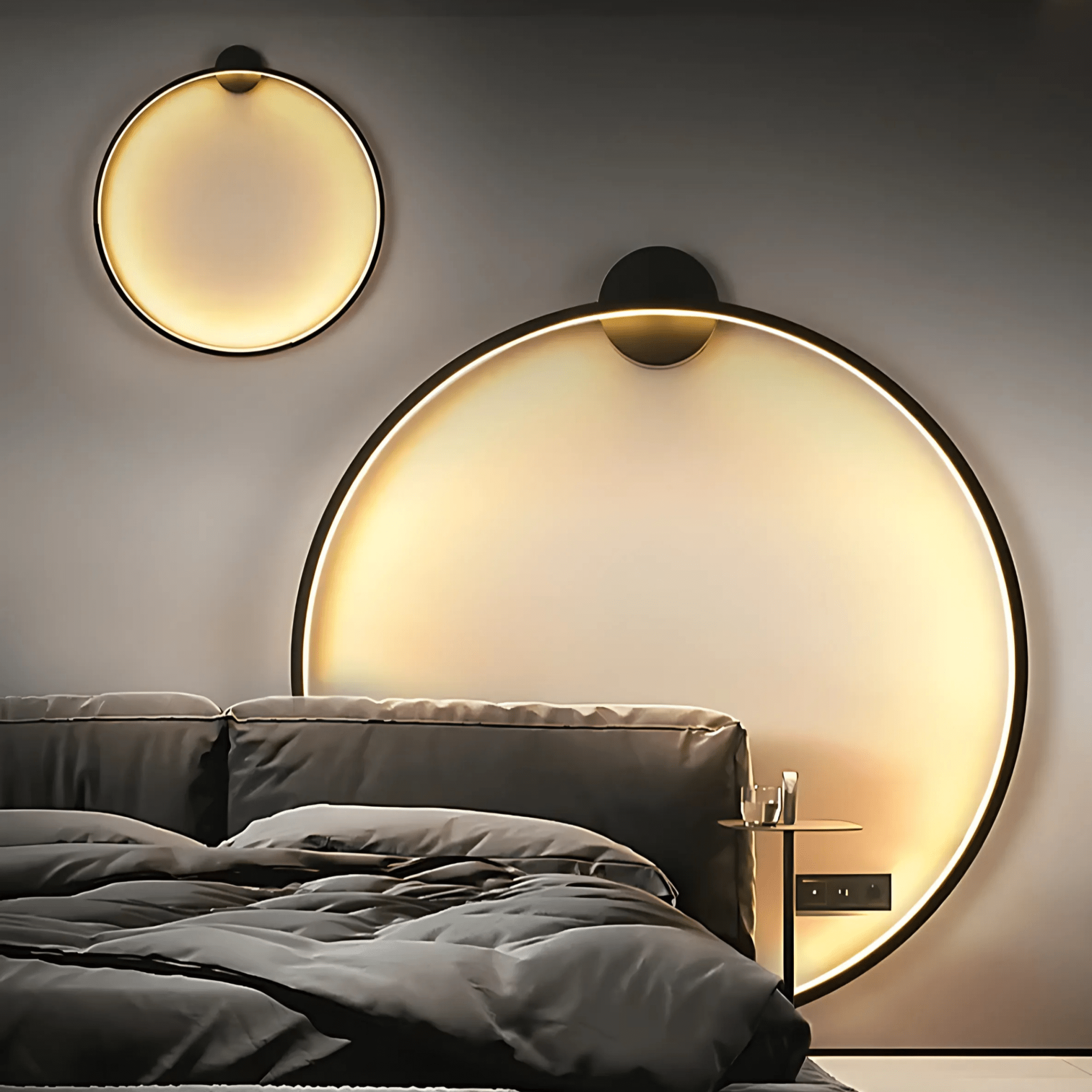 Two Eclisse Halo Ring Wall Lights in different sizes glowing warm above a bed