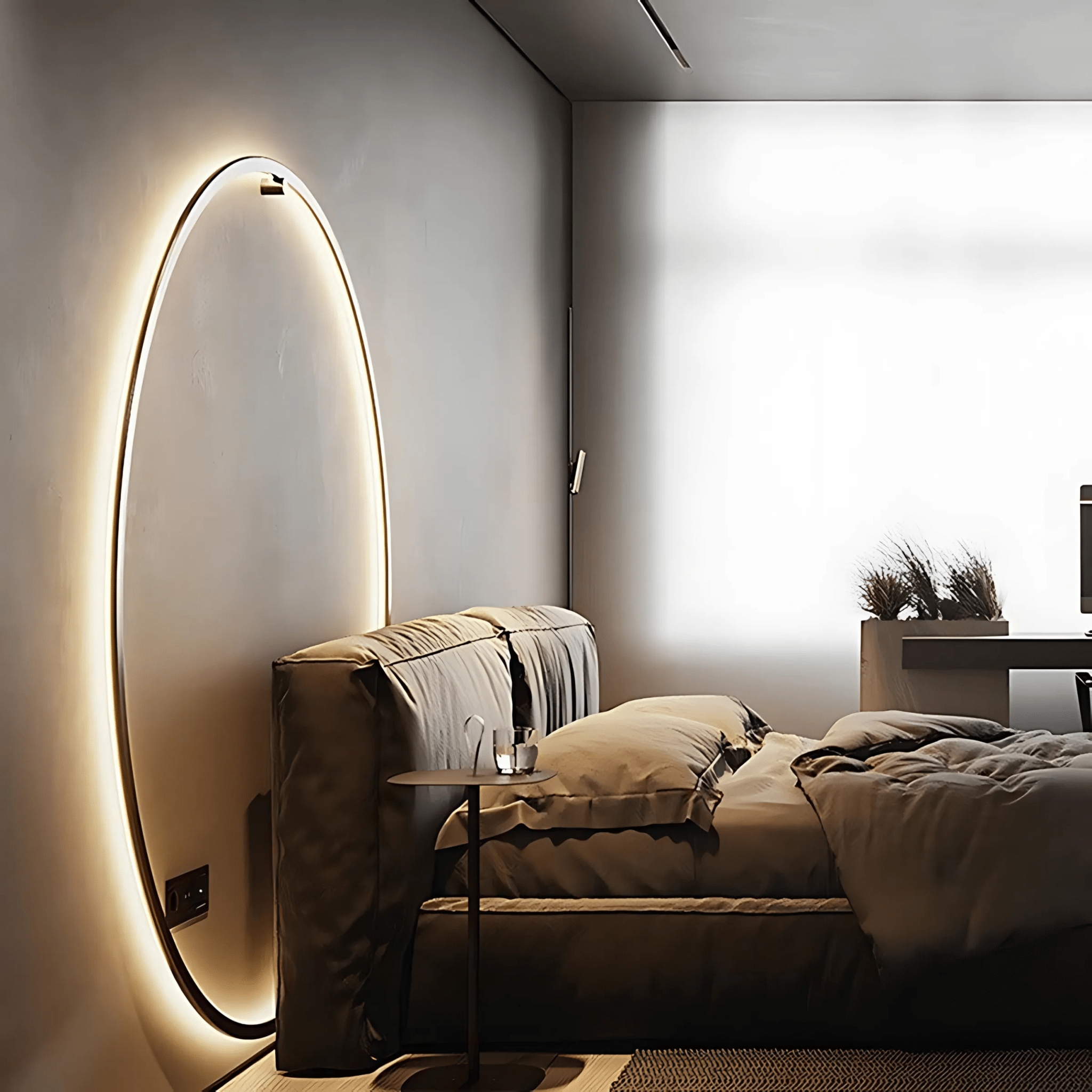An Eclisse Halo Ring Wall Light glowing warm beside a bed in a bright bedroom