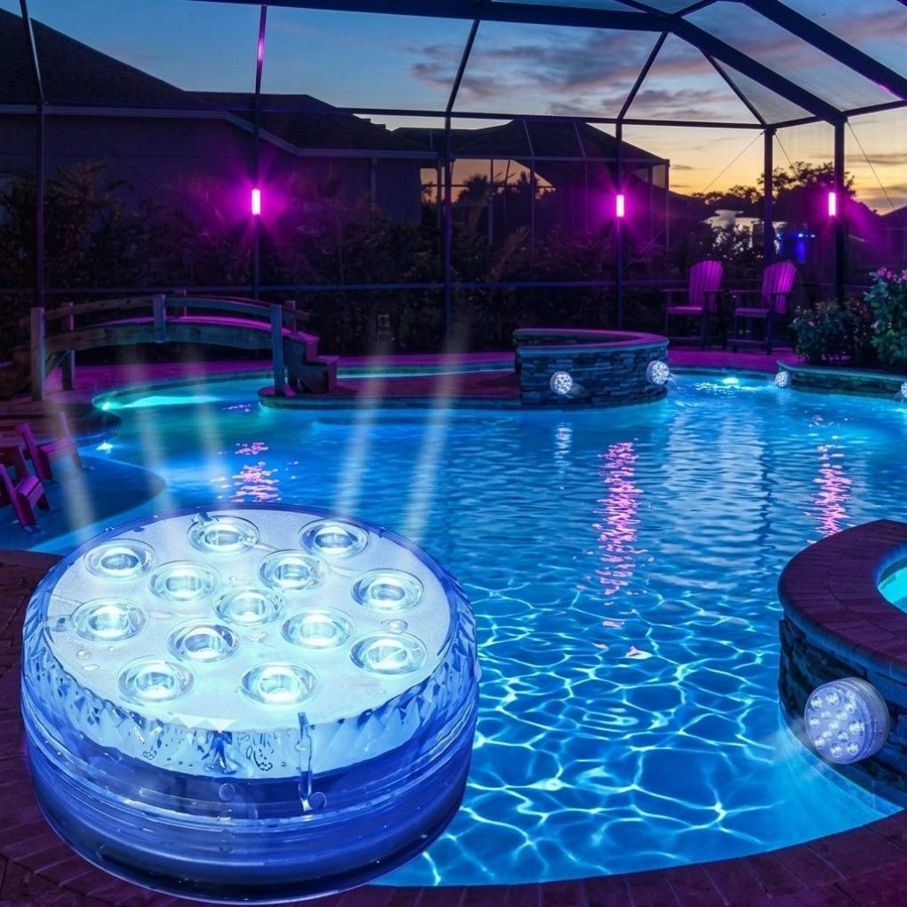 Submersible pool LED light glowing in a screened pool enclosure at dusk