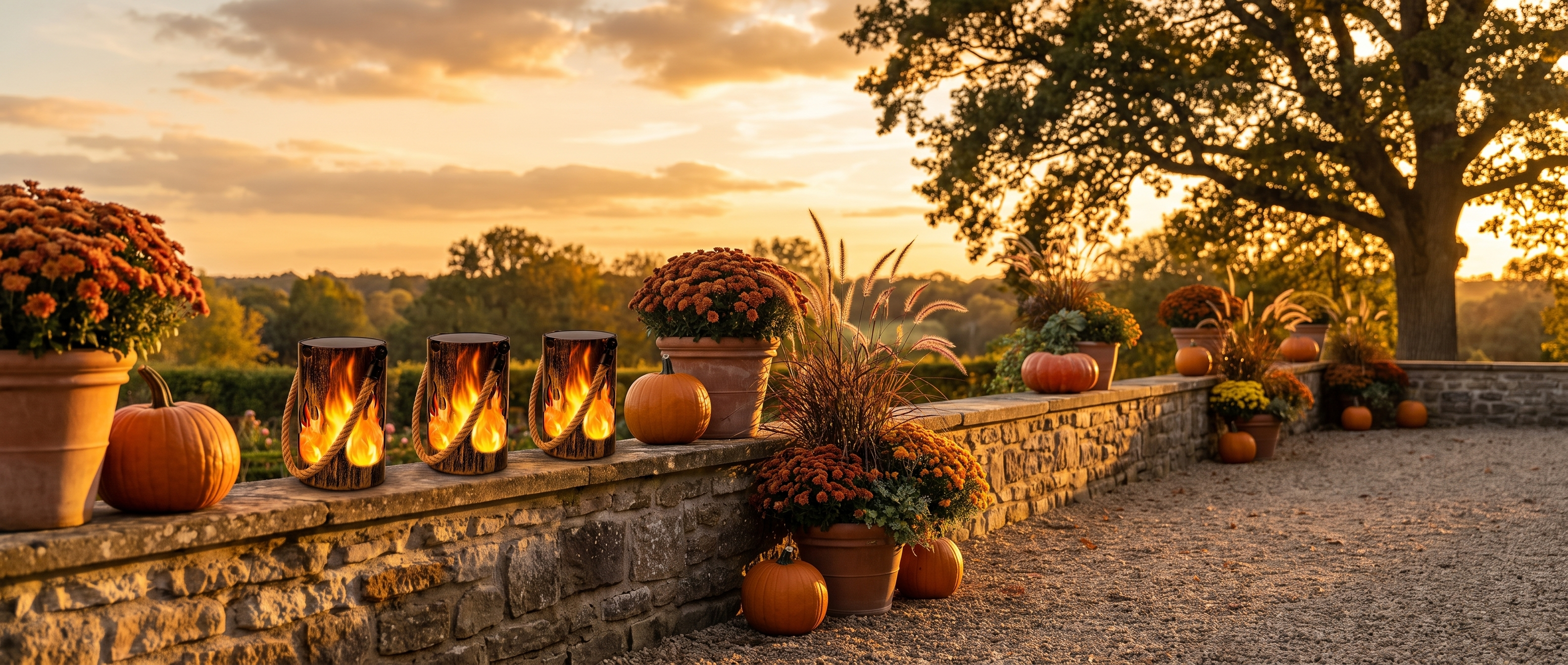 Rustic flame solar lanterns on a stone garden wall at golden hour