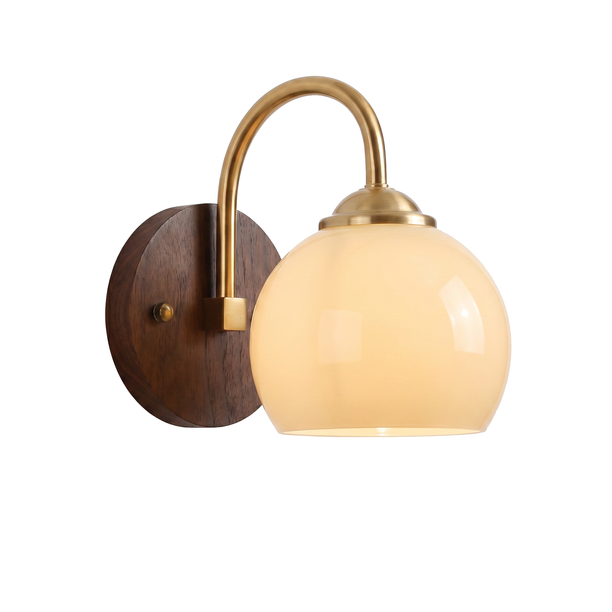Tramonto mid-century wall sconce, round beige glass globe, on white