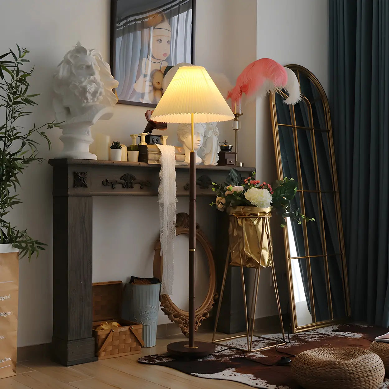 Vintage Walnut Metal Floor Lamp with Pleated Shade
