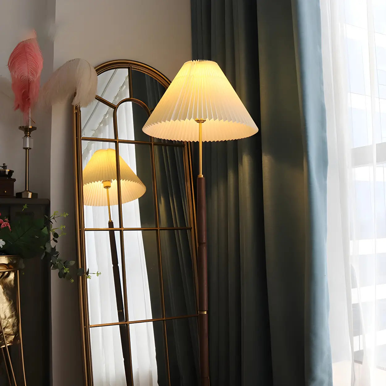 Vintage Walnut Metal Floor Lamp with Pleated Shade