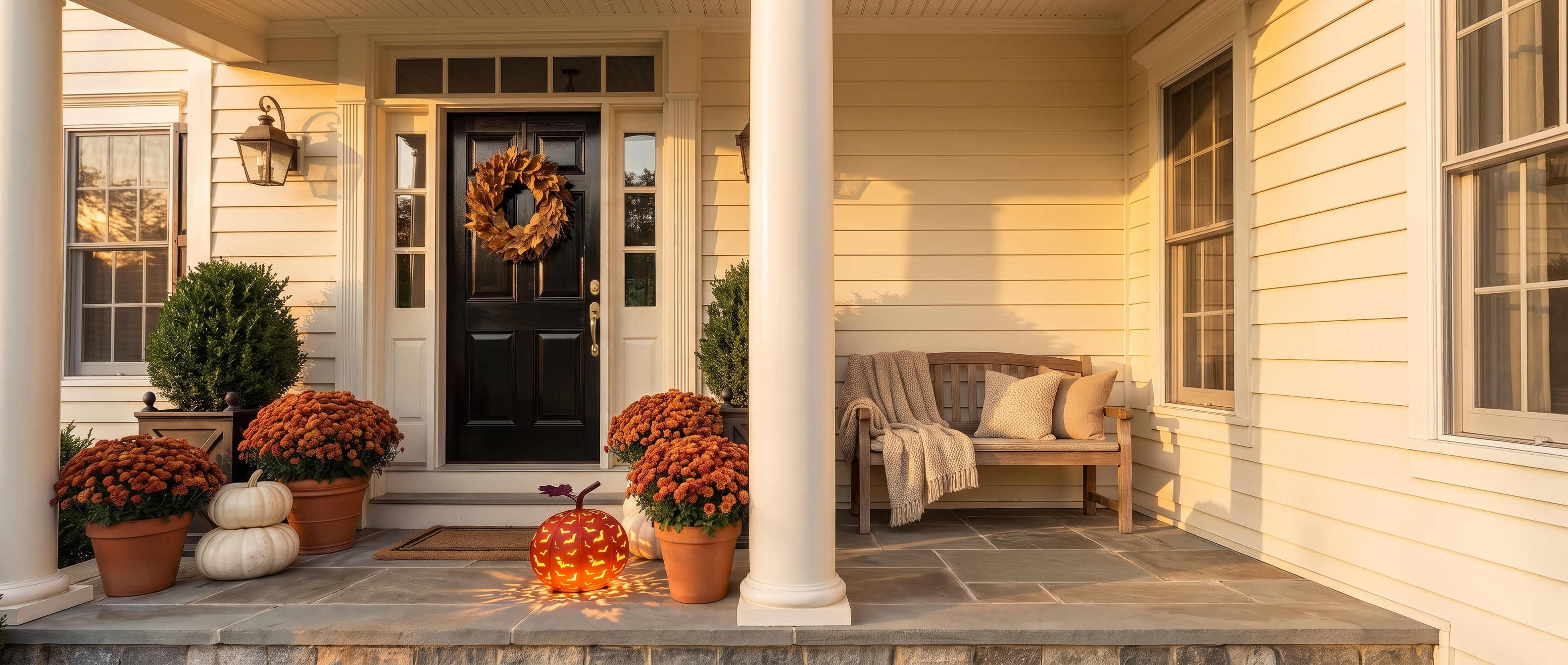 Volo Notturno bat pumpkin lantern glowing on a colonial front porch at golden hour