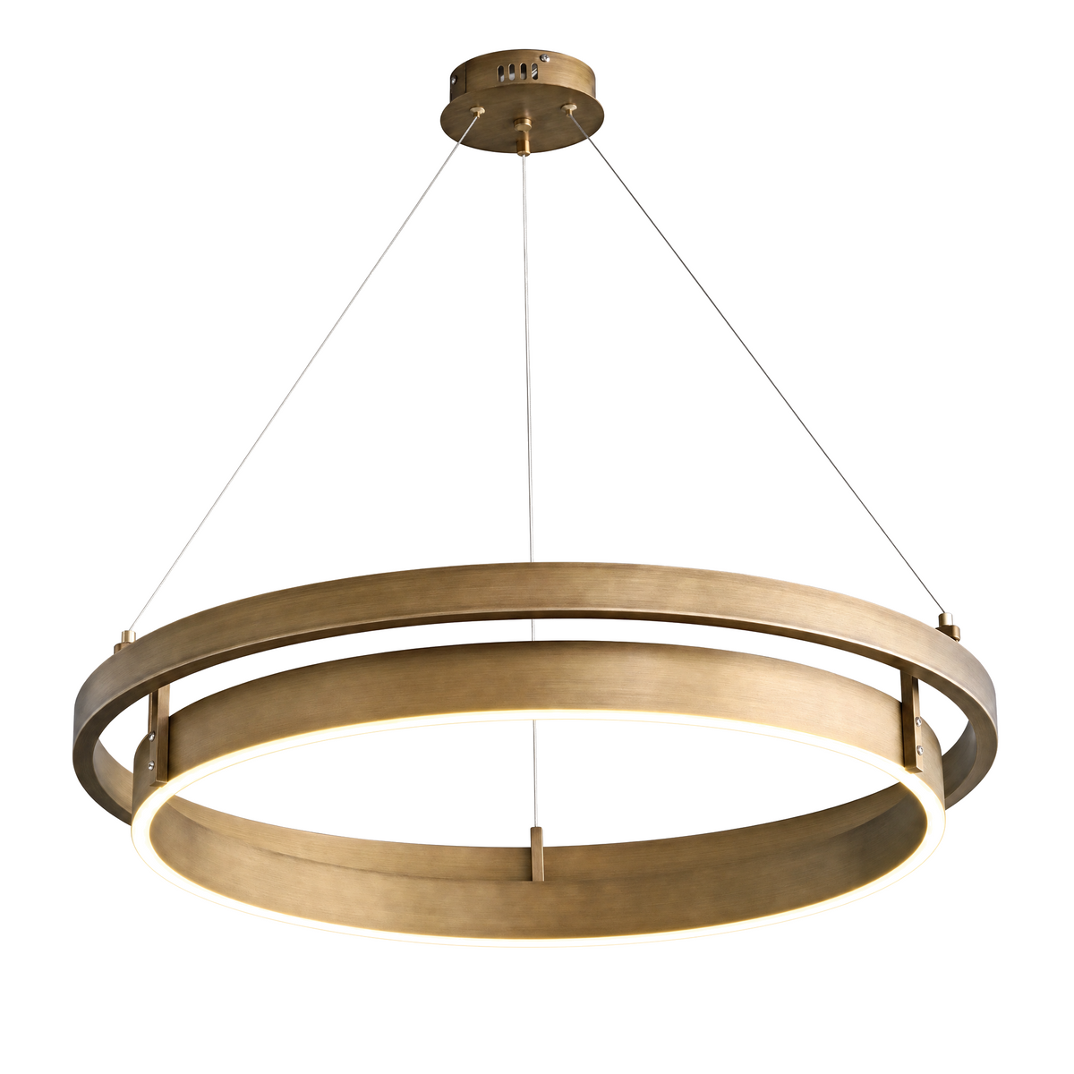 Angled view of the brushed brass double ring LED chandelier on a white background