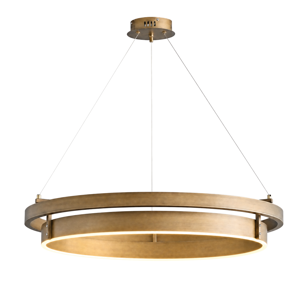 Anelli Sospesi double ring chandelier in brushed brass with warm LED on a white background